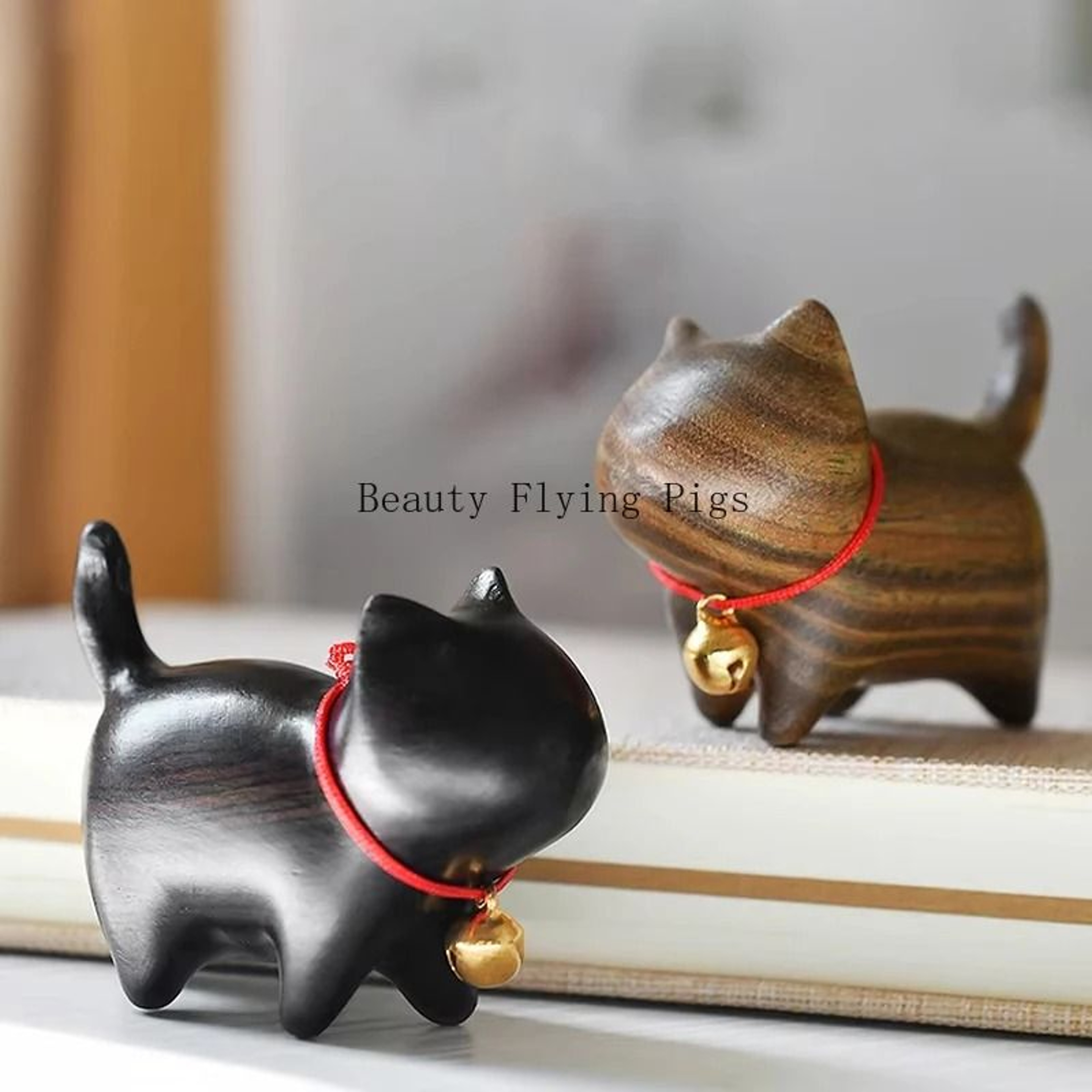 Hand Carved Wooden Cat Figurine Mini Natural Wood Decor 0