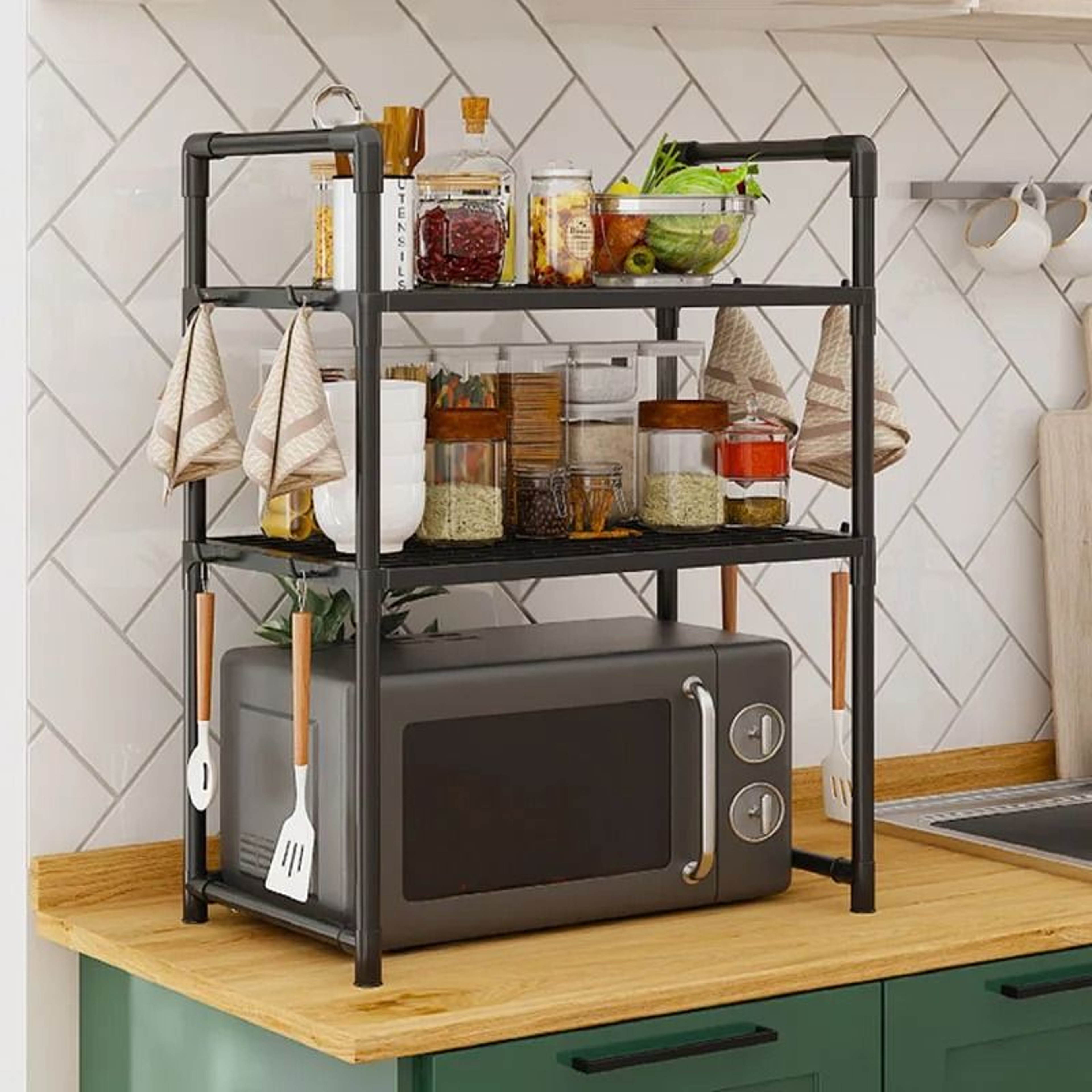 Adjustable Microwave Oven Rack Countertop Kitchen Storage Shelf With Hooks 7