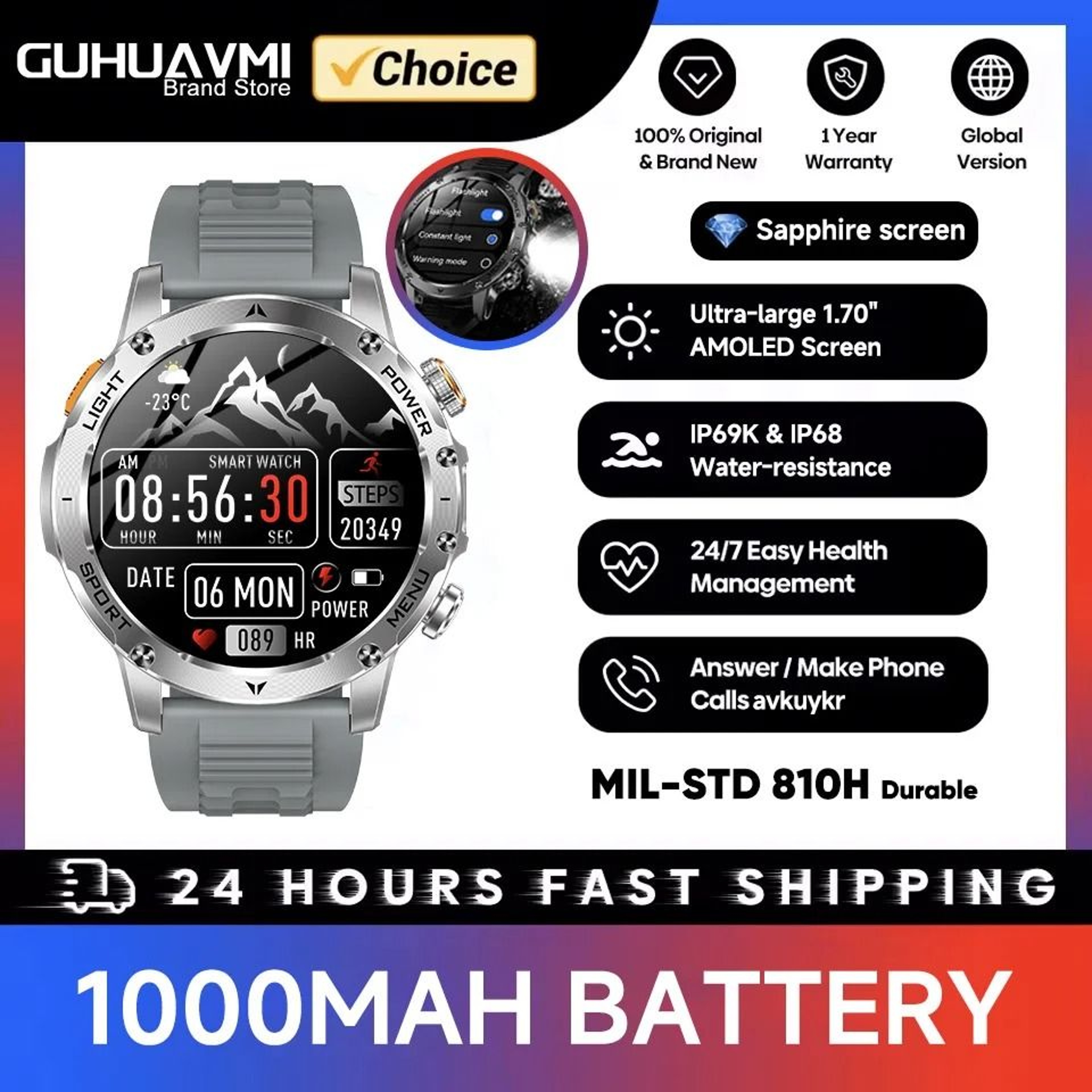Military GPS Tracker Smartwatch With AMOLED Display Bluetooth Calling Waterproof Sports Watch 1