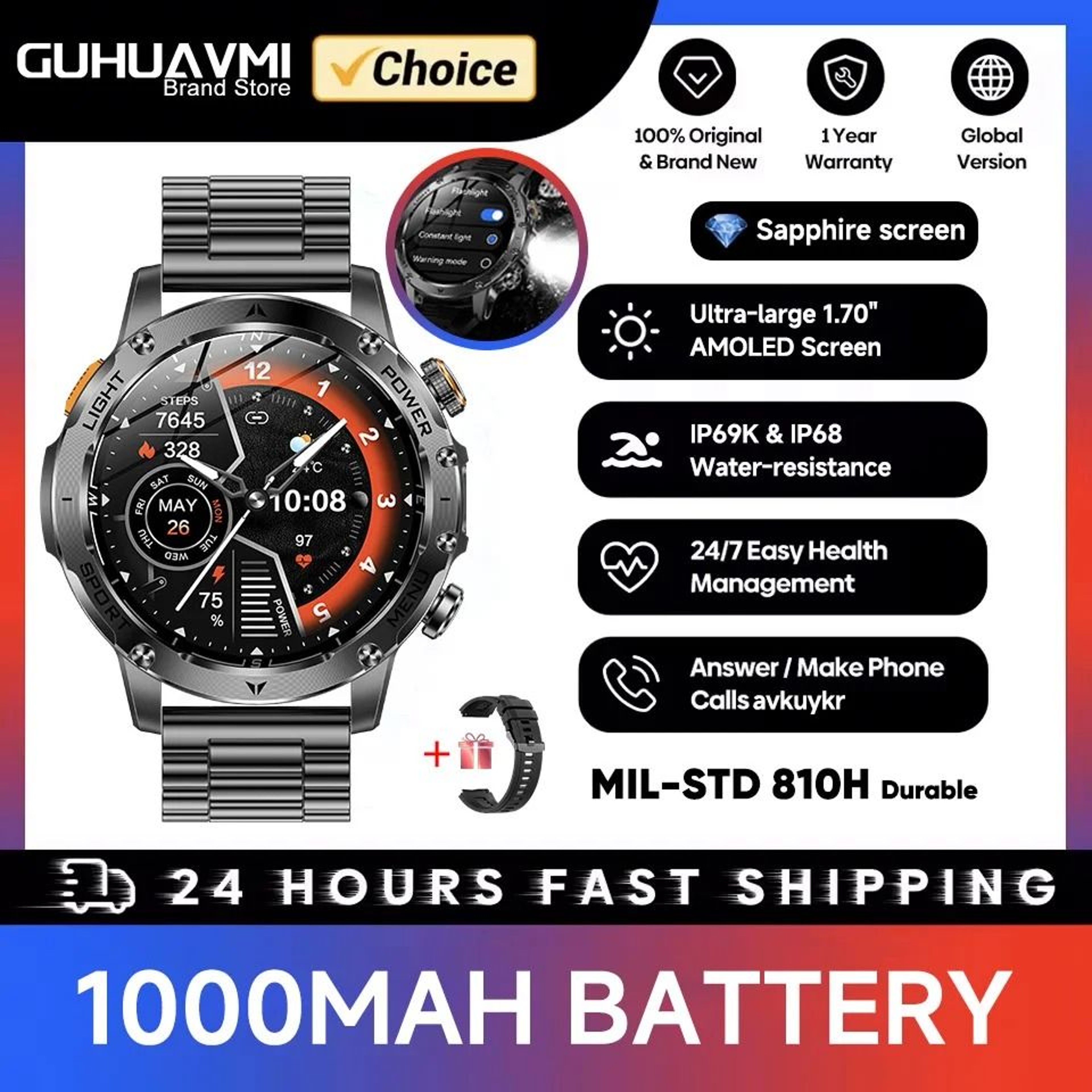 Military GPS Tracker Smartwatch With AMOLED Display Bluetooth Calling Waterproof Sports Watch 6