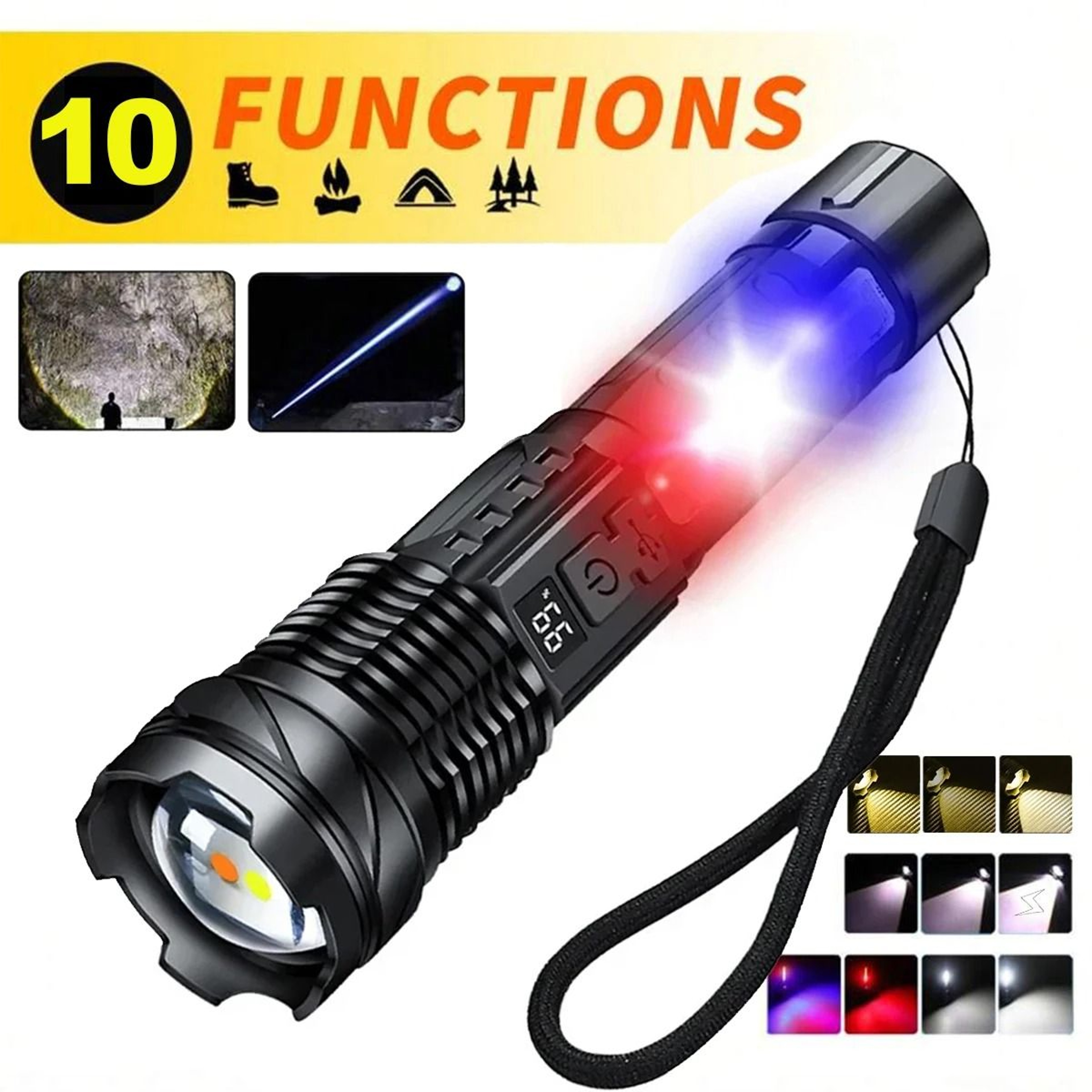 High Power LED Flashlight Rechargeable USB C Camping Torch With Side Light 8