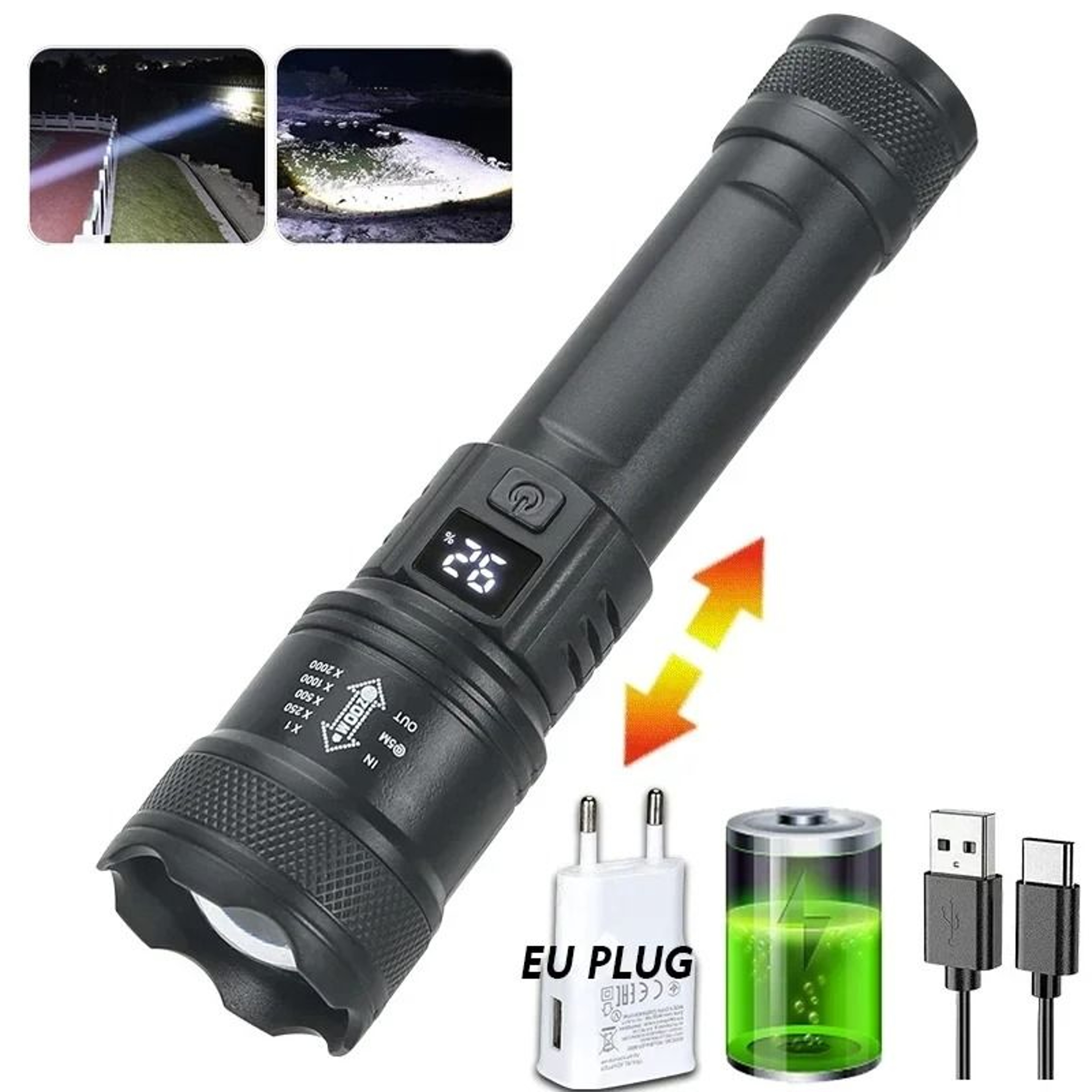 High Power Tactical LED Flashlight USB Rechargeable Zoomable Camping Torch 4