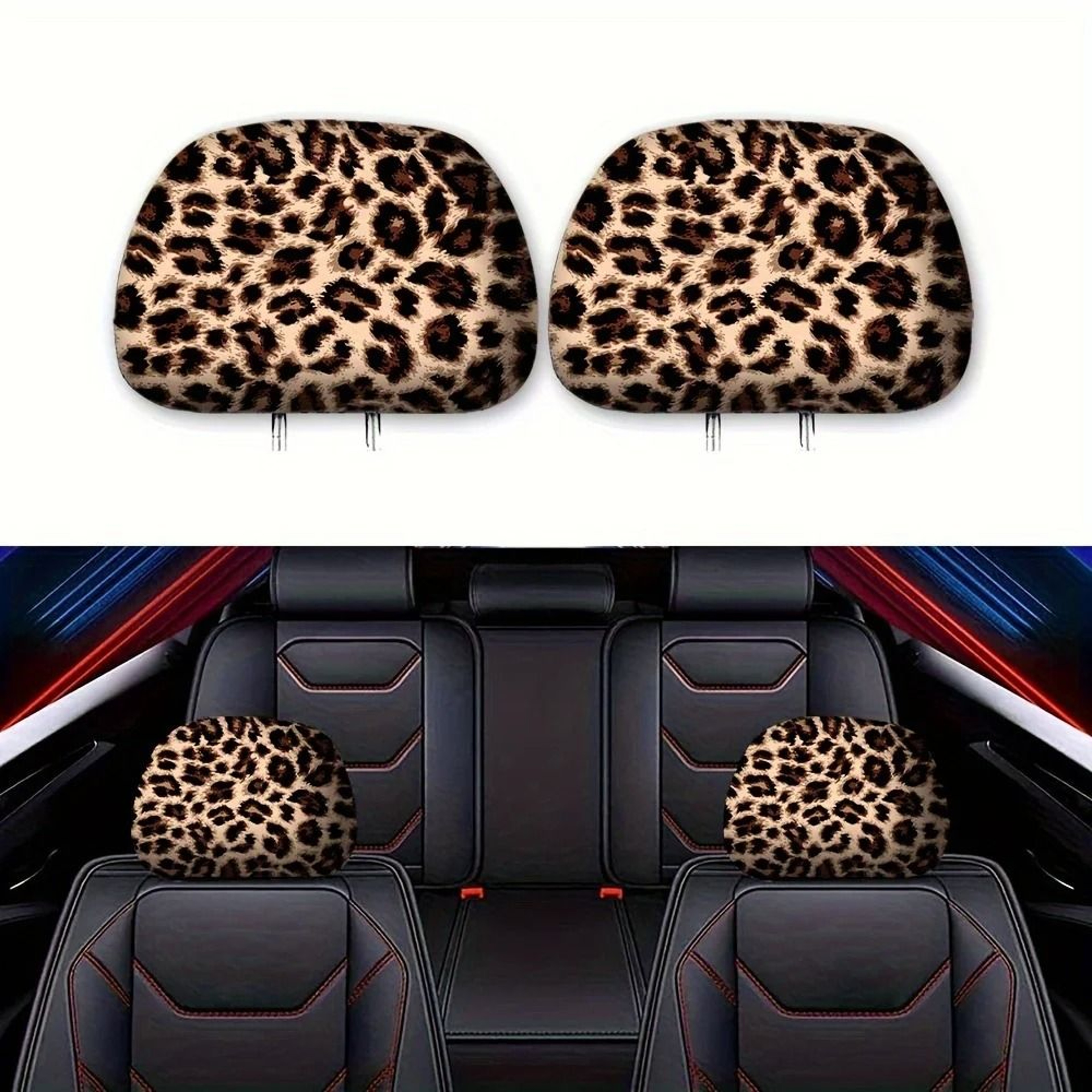 Leopard Print Car Headrest Covers 2 Piece Interior Accessory Set 3