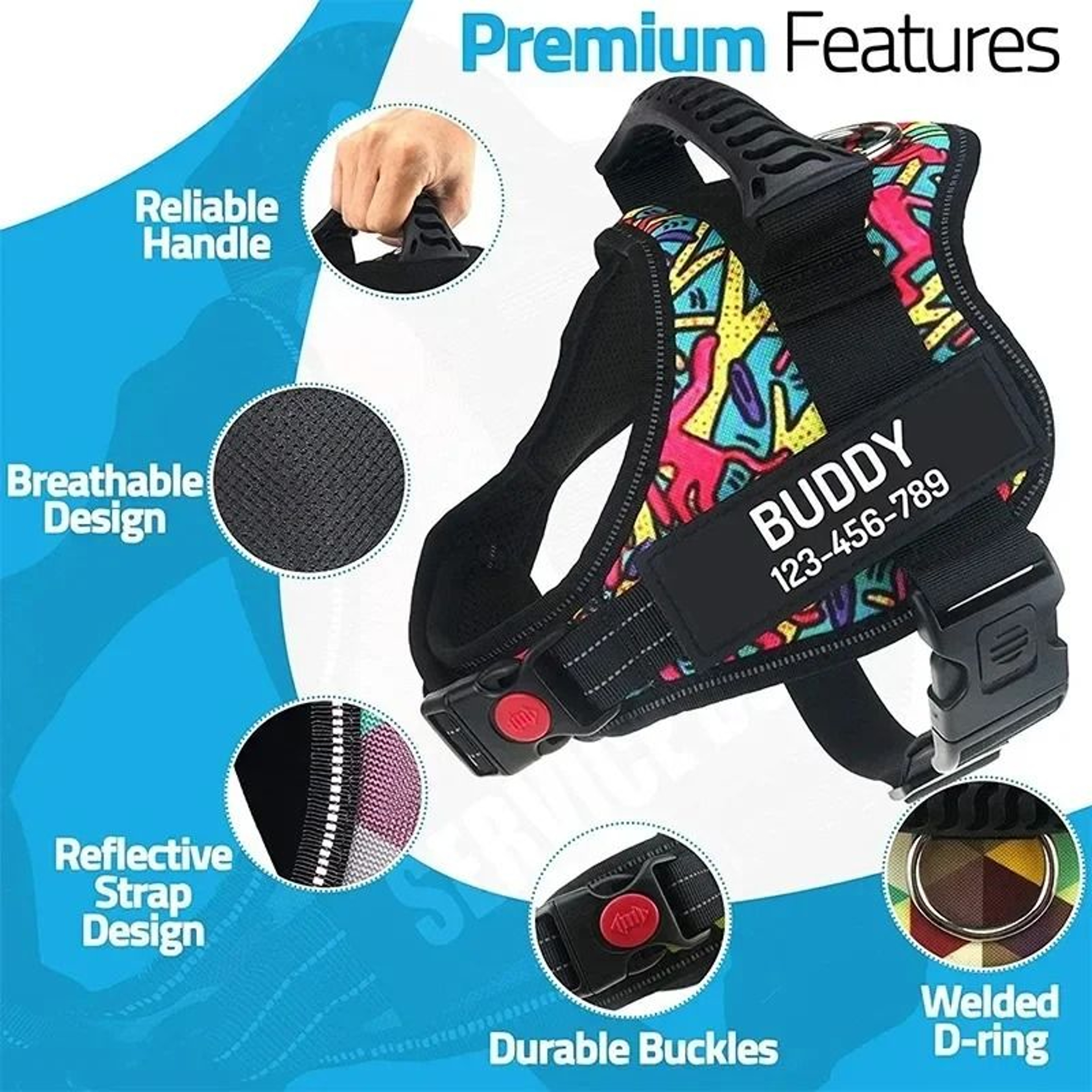 ComfortFit Adjustable Nylon Dog Harness With Custom Name ID 23
