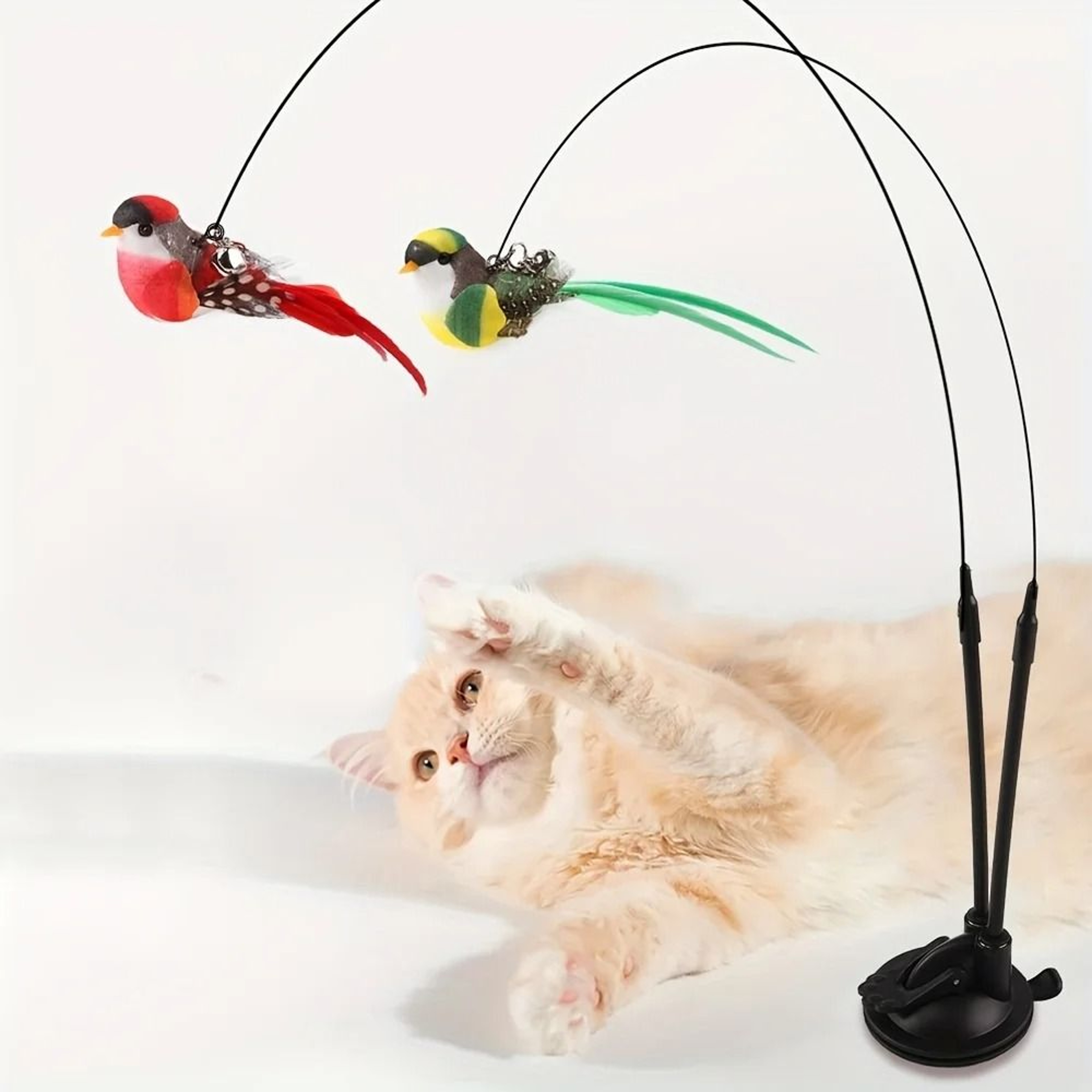 Interactive Bird Cat Teaser Wand Hands Free Suction Cup Cat Toy Set With Bells 0