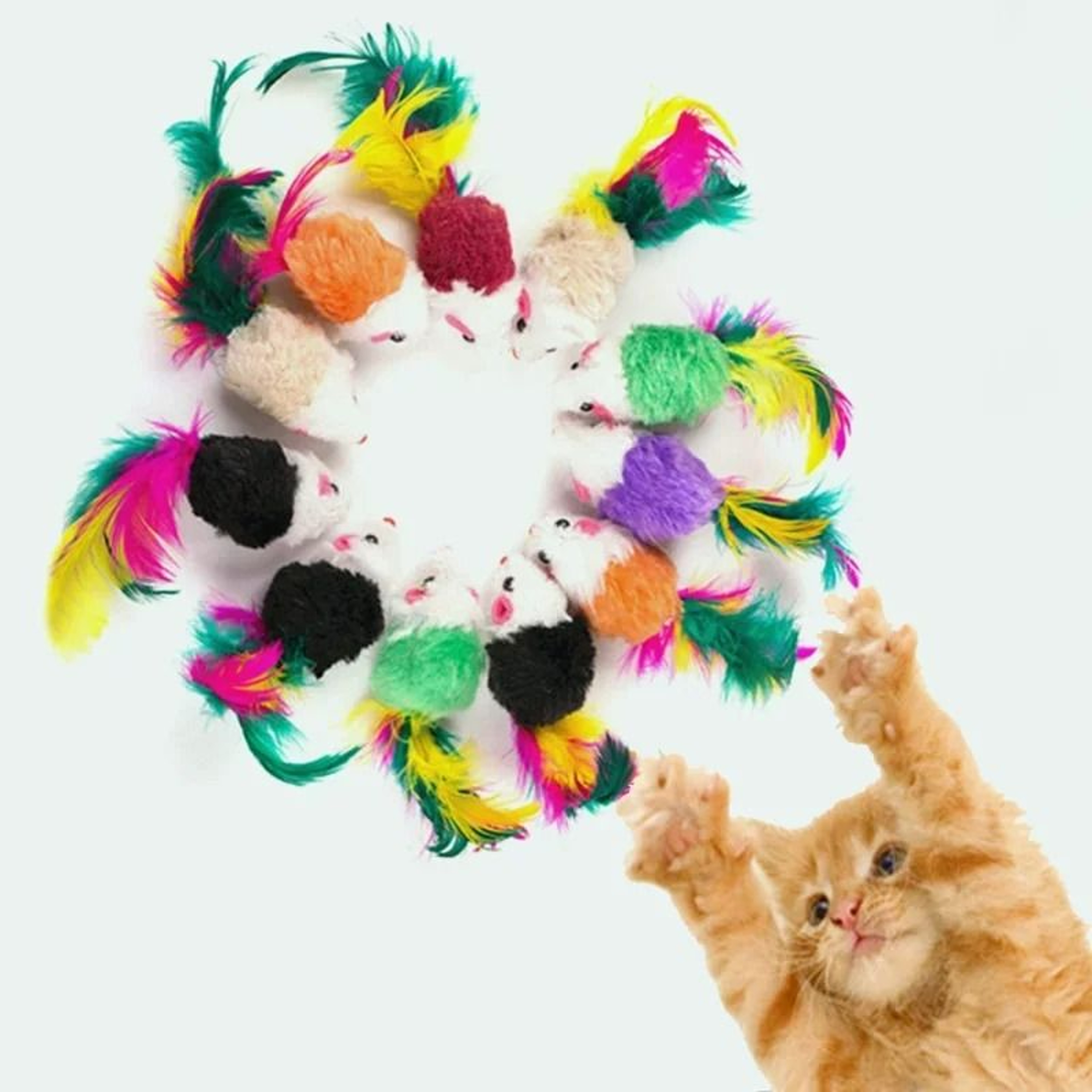 Interactive Cat Mouse Toy With Colorful Feathers Soft Wool Play Toy For Cats And Kittens 6