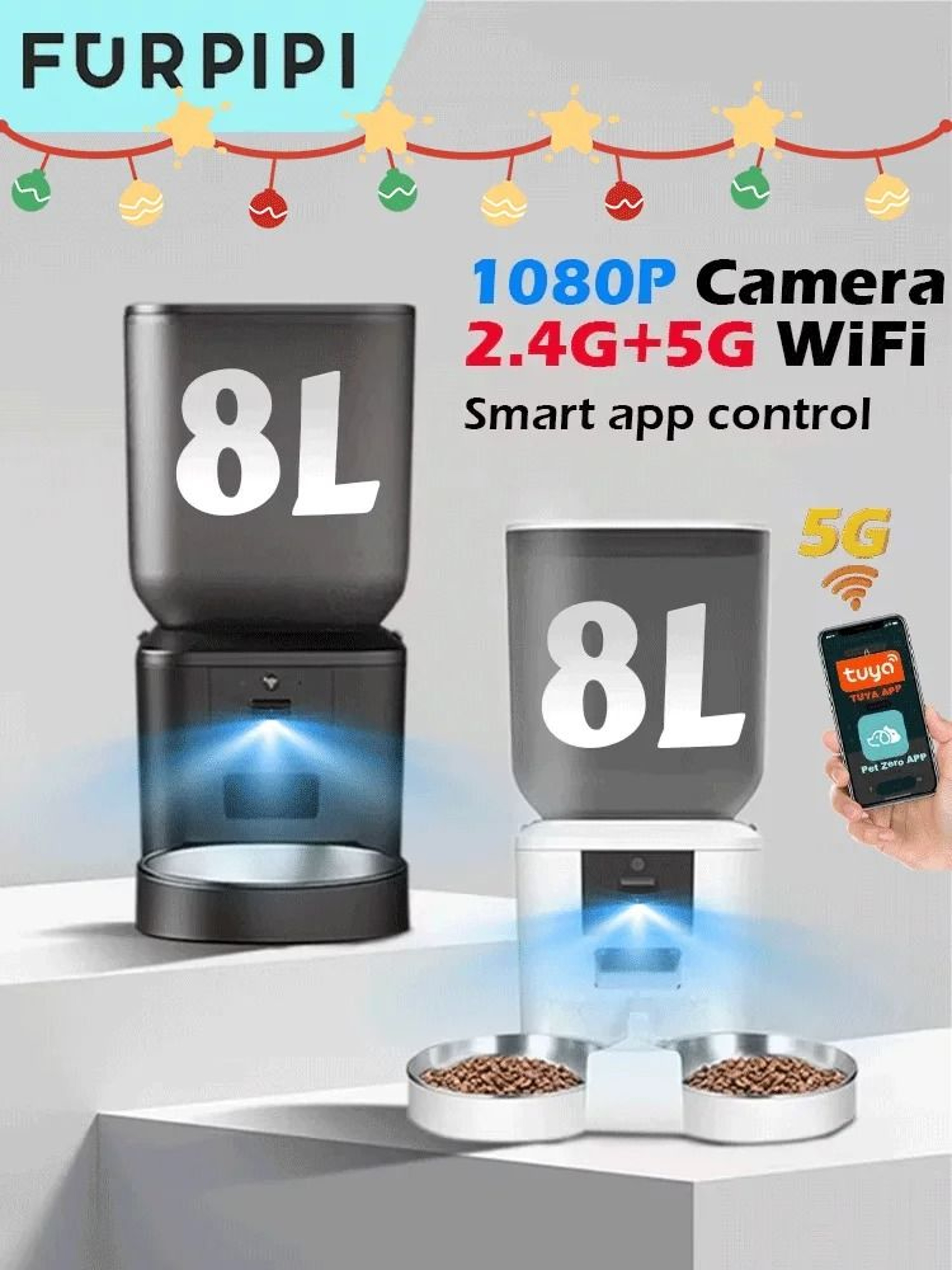 Furpipi 8L Smart Automatic Cat Feeder With HD Camera WiFi App Control Pet Food Dispenser 12