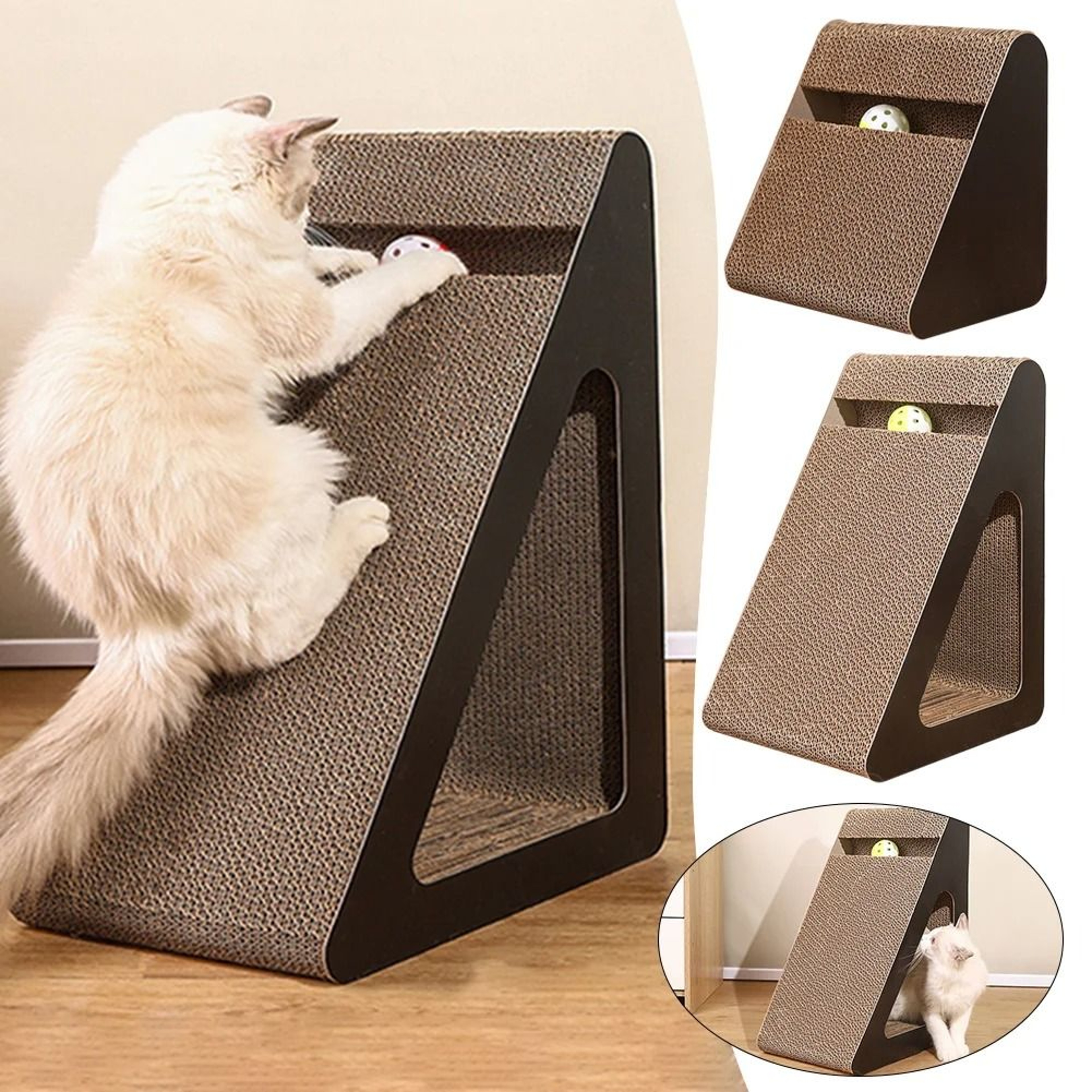 Interactive Cat Scratching Board Ramp With Rotating Ball Toy And Furniture Protection Design 0
