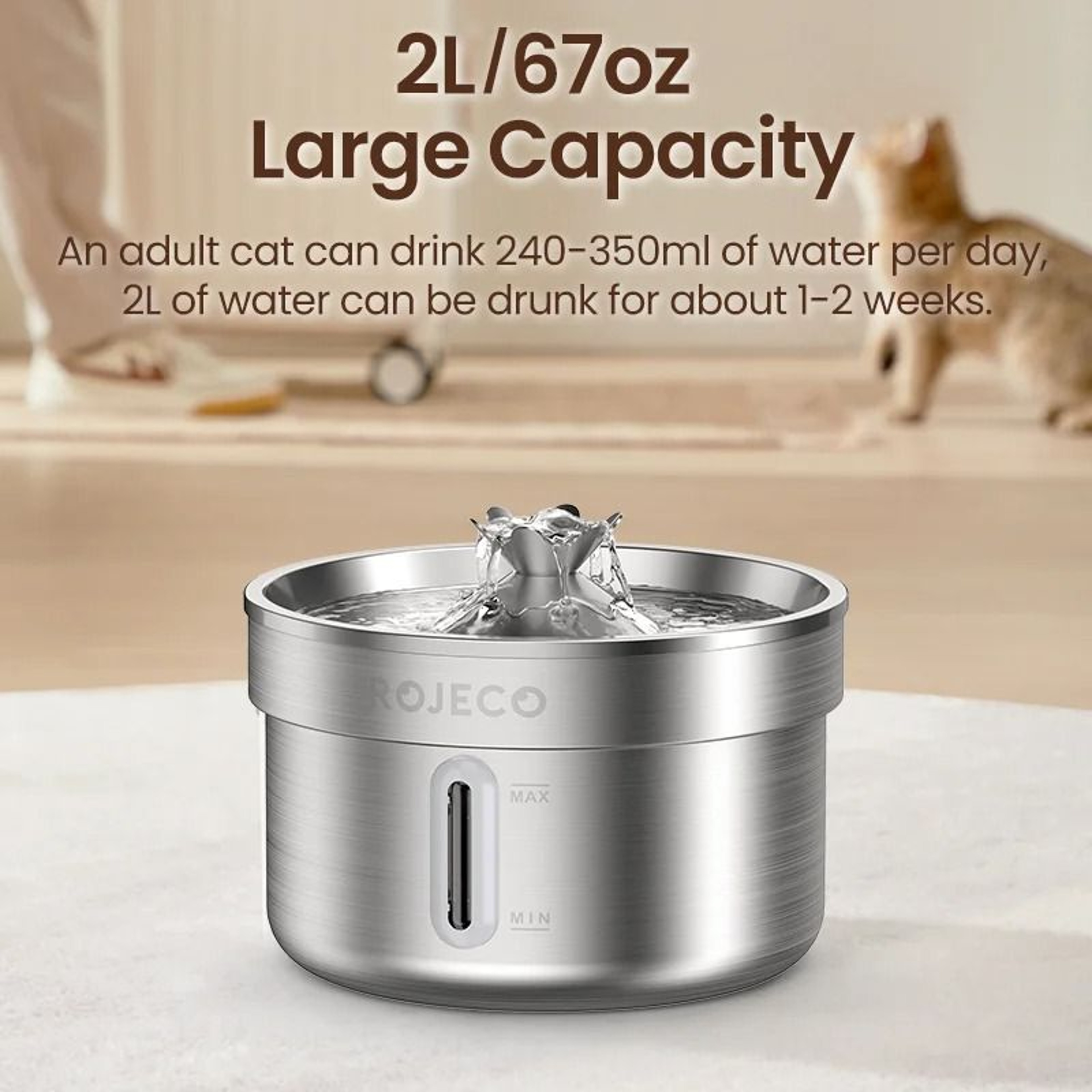 ROJECO Stainless Steel Automatic Cat Water Fountain Smart Pet Drinking Dispenser 8