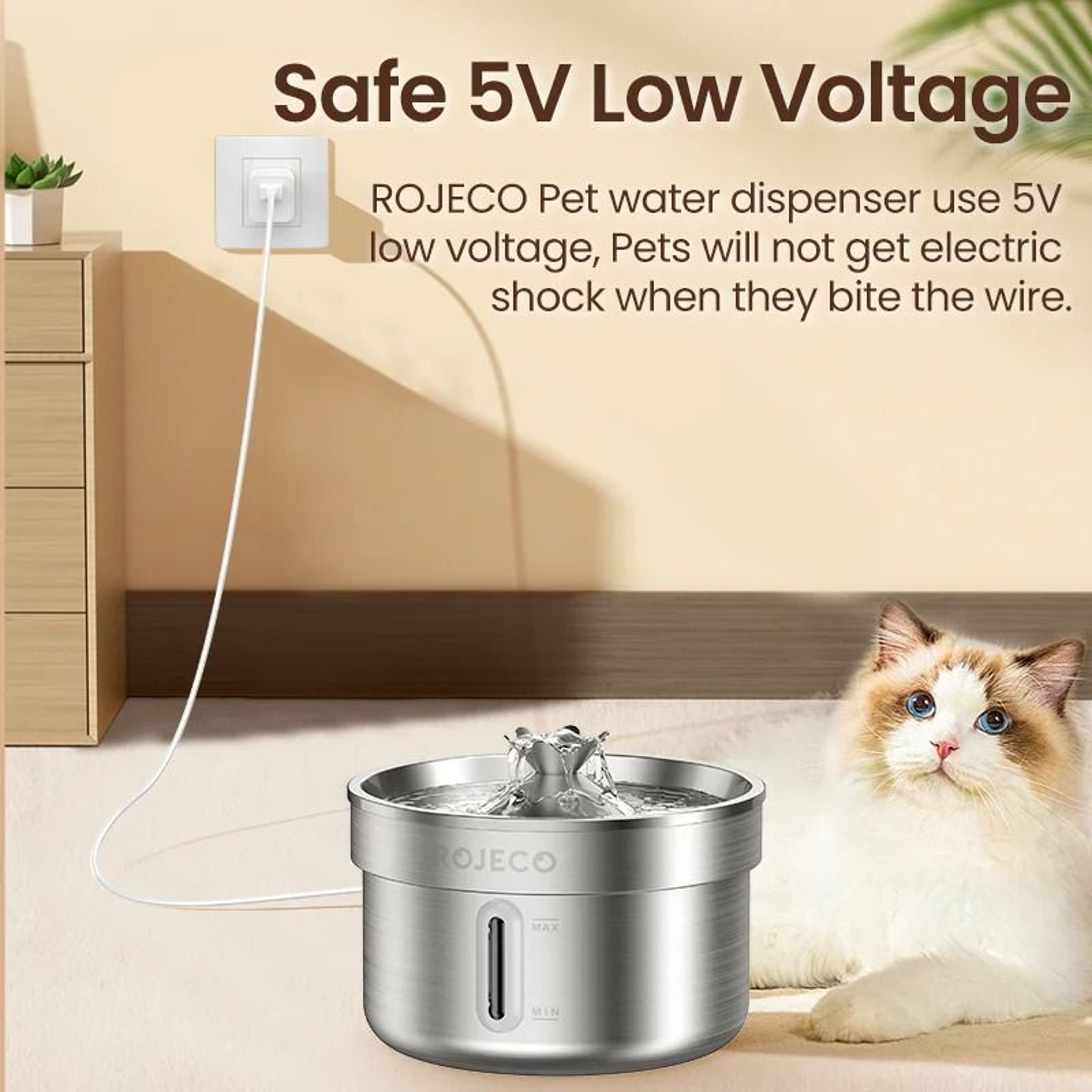 ROJECO Stainless Steel Automatic Cat Water Fountain Smart Pet Drinking Dispenser 9