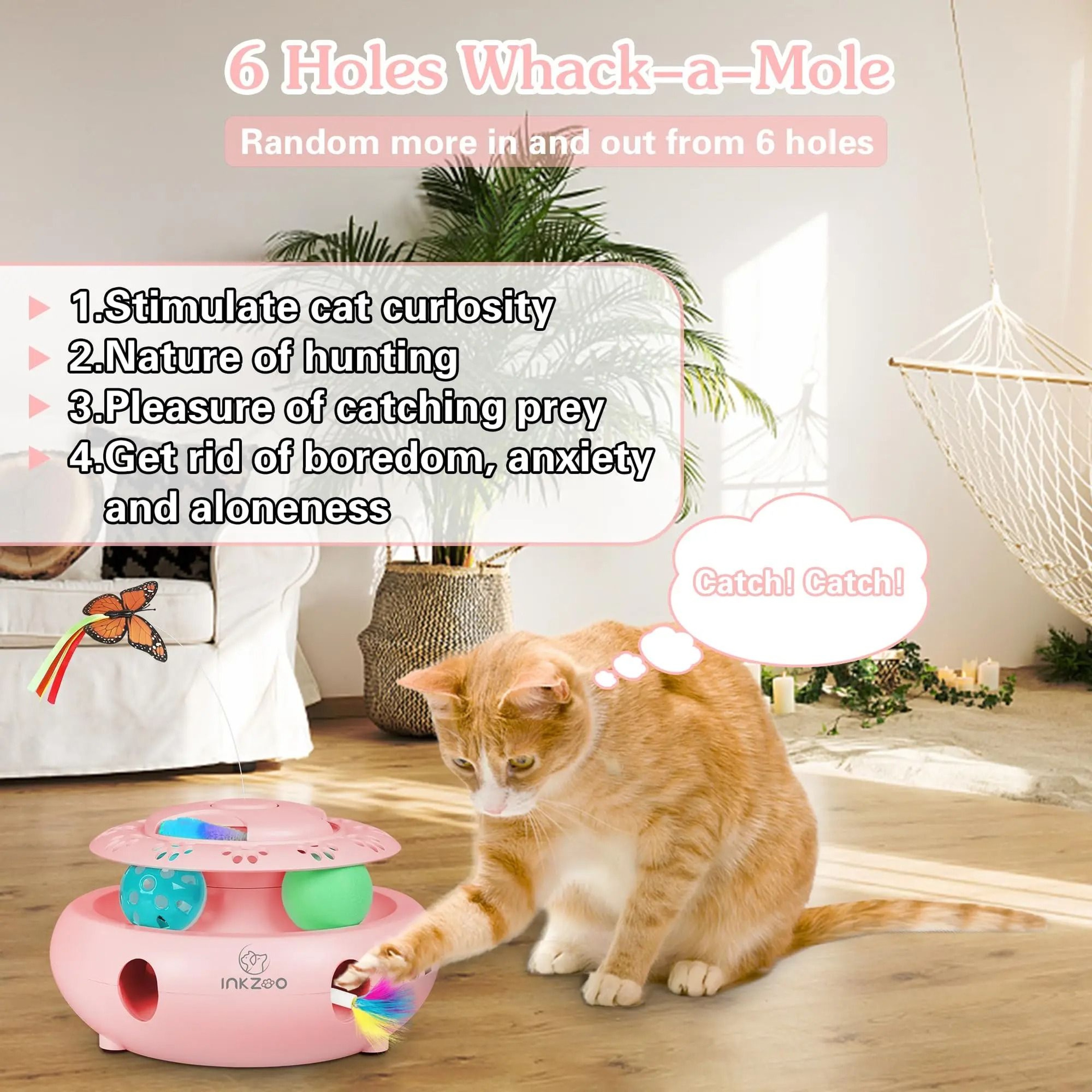 INKZOO Interactive Cat Toy 4 In 1 Automatic Whack A Mole Butterfly And Track Ball Game 14
