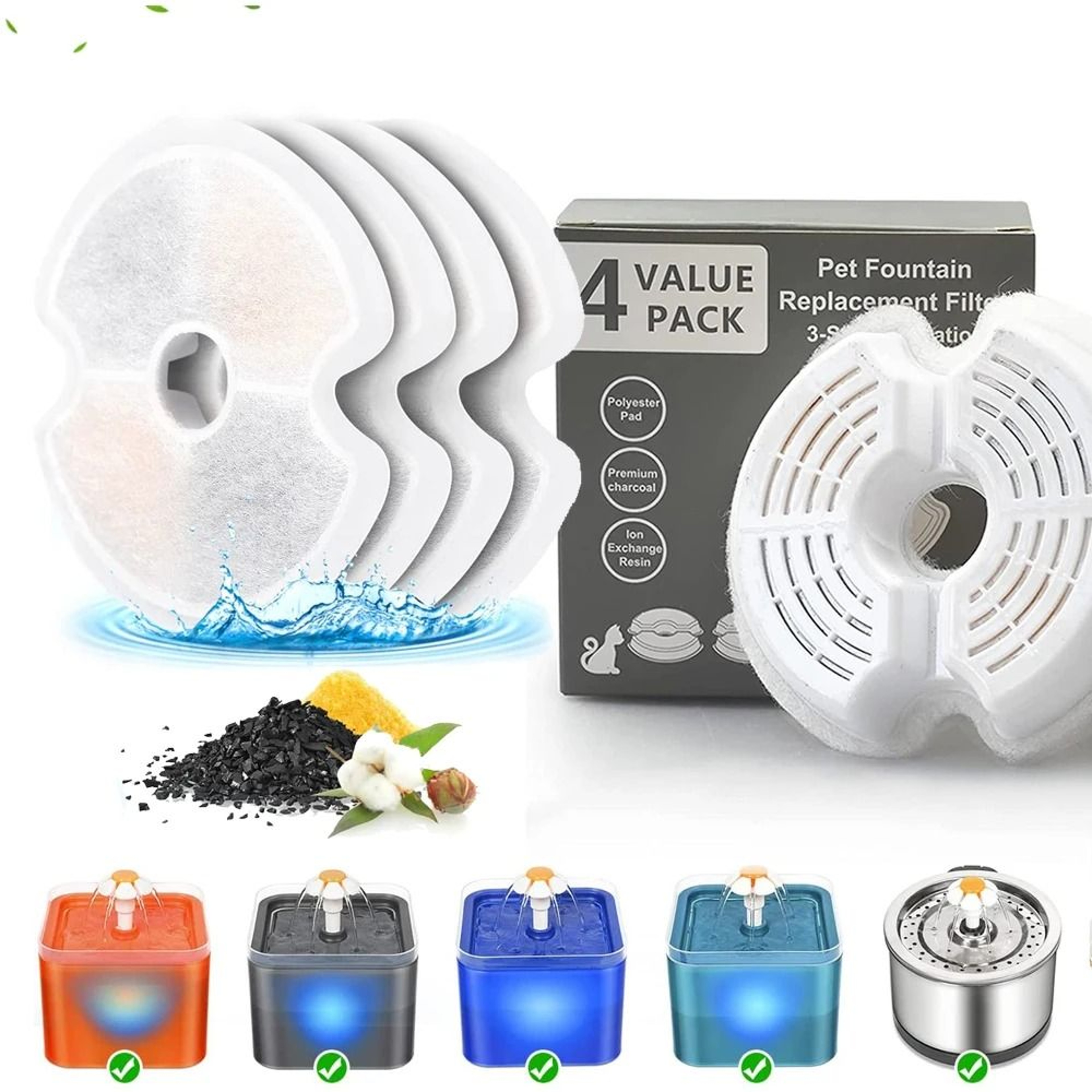 4 Pack Cat Water Fountain Filters Carbon Replacement Filters For Stainless Steel Pet Drinking Fount 0