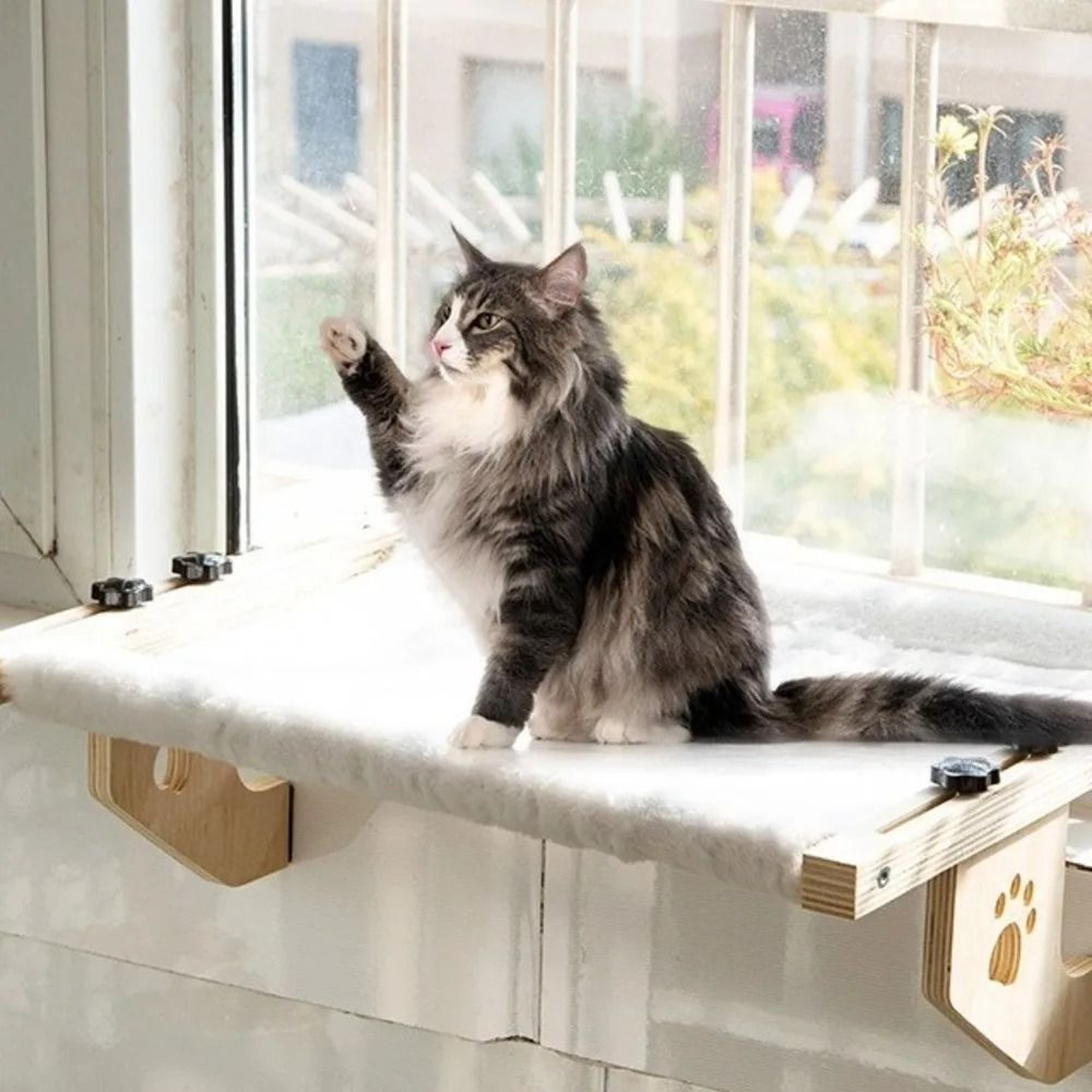 Creative Cat Window Hammock Wooden Frame Hanging Cat Bed With Paw Print Design 4