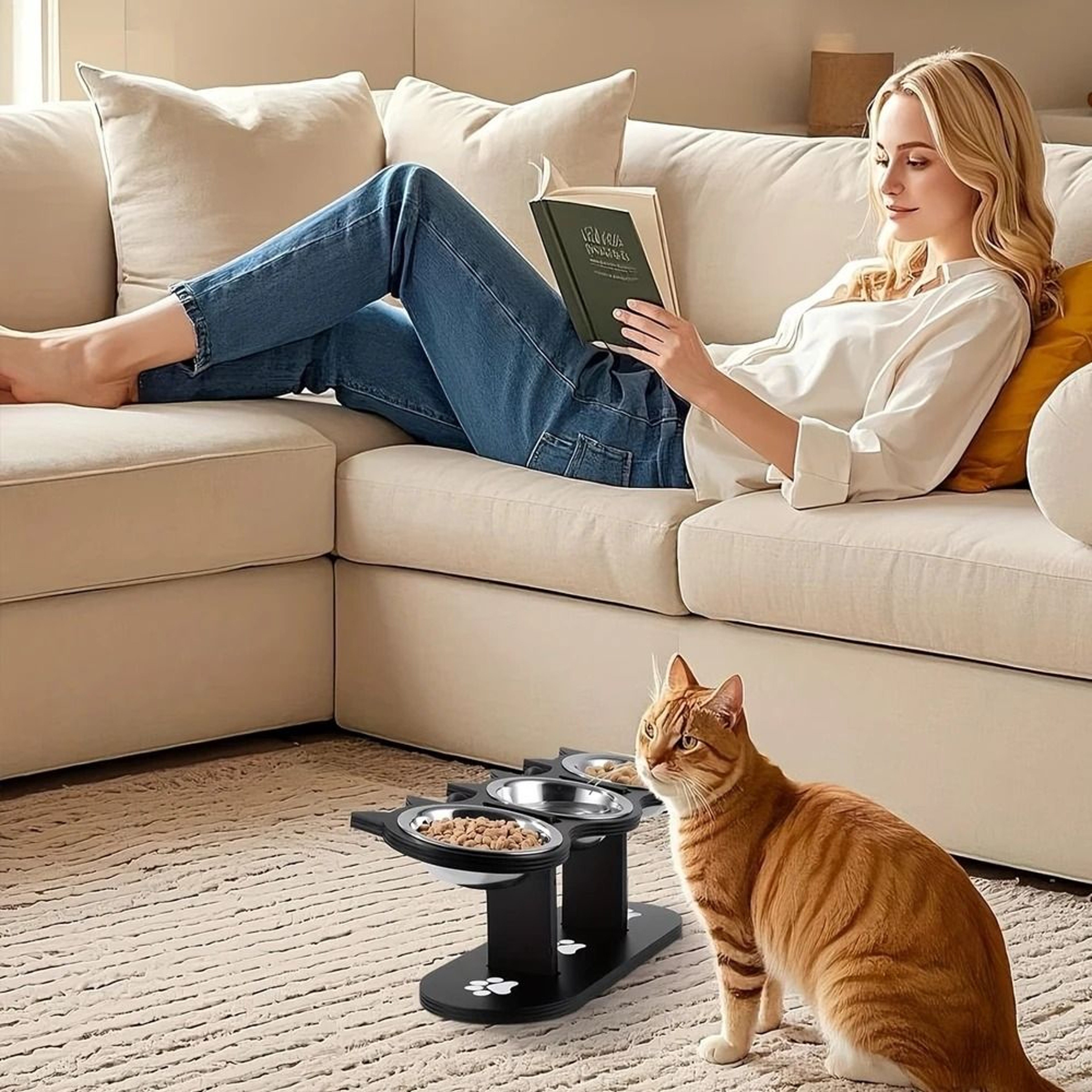 Elevated Triple Bowl Cat Feeder With Solid Wood Stand And Stainless Steel Bowls 2