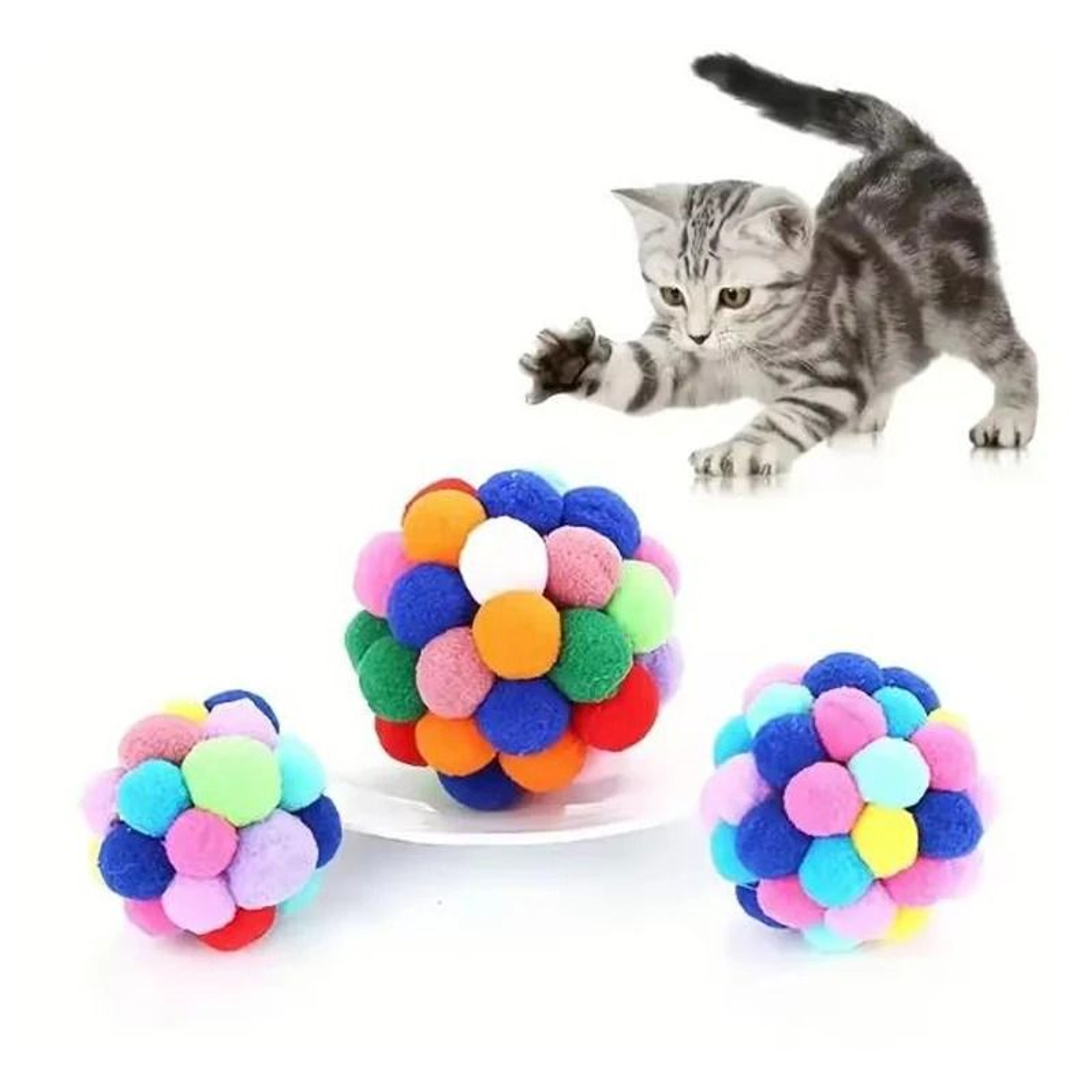 Colorful Plush Cat Ball Toy With Bell Bouncy Pompom Pet Play Balls 8