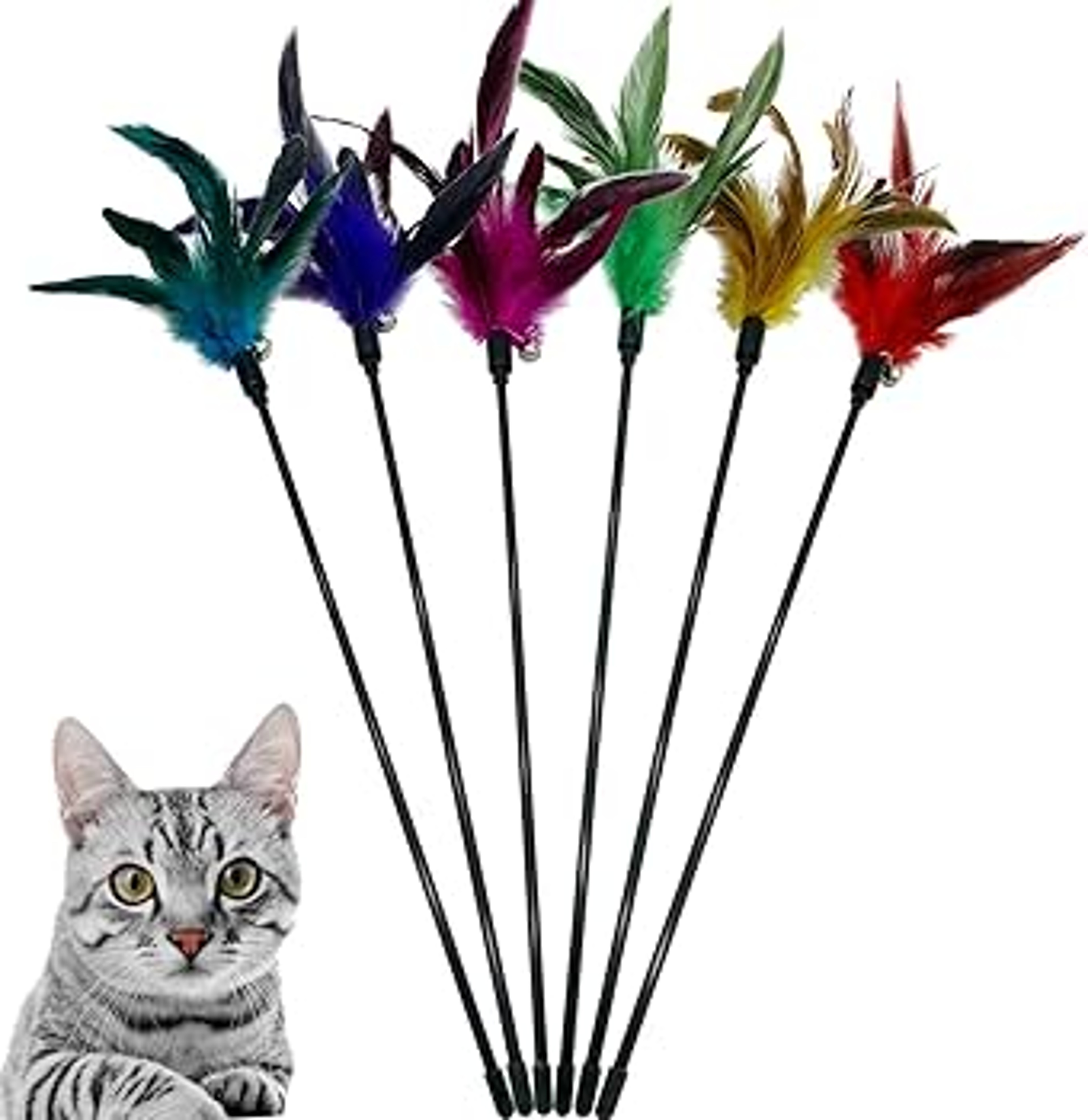 5 Piece Cat Teaser Wand Turkey Feather Interactive Wire Chaser Toy Set With Bells 4