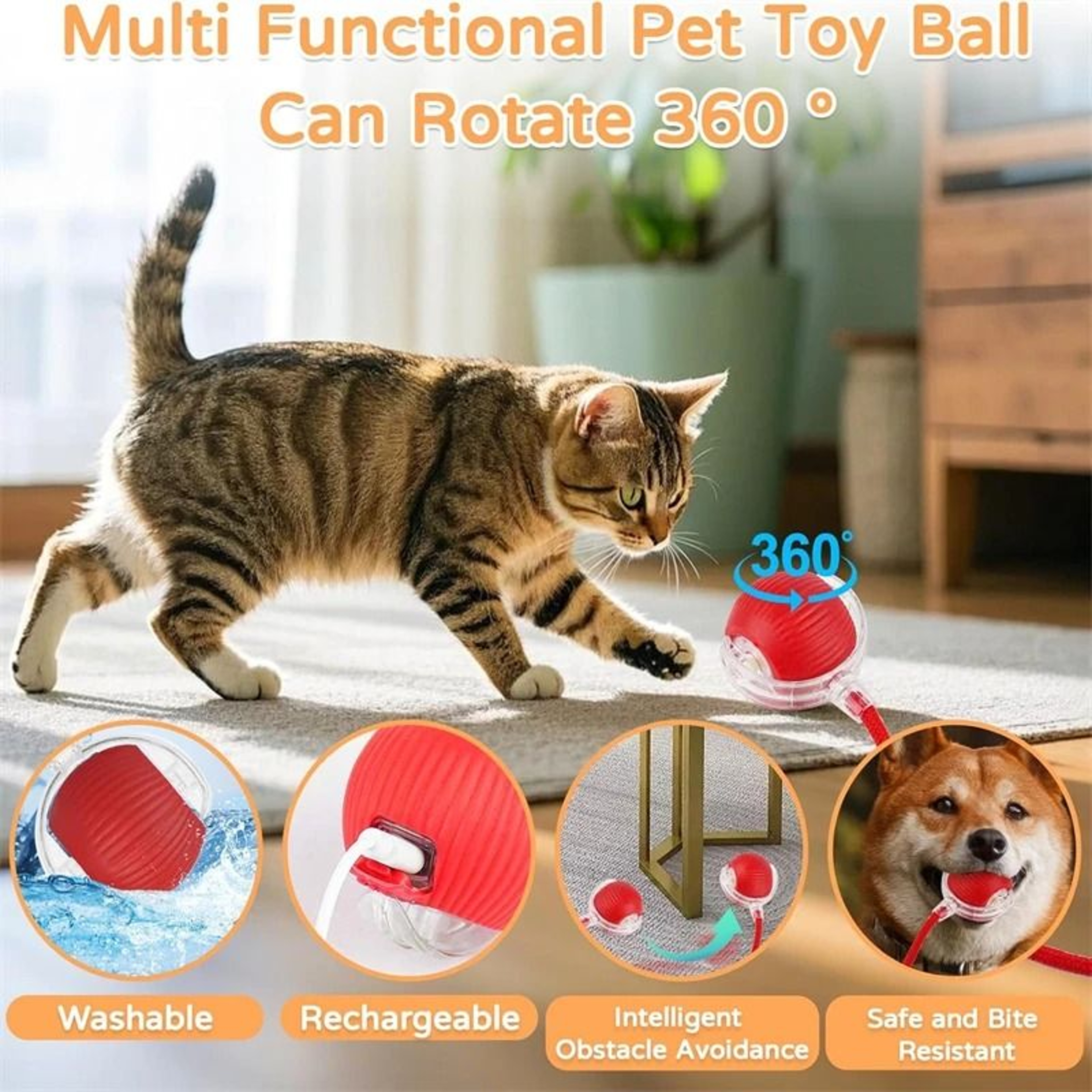 USB Rechargeable Automatic Rolling Cat Toy With Tail Teaser 15