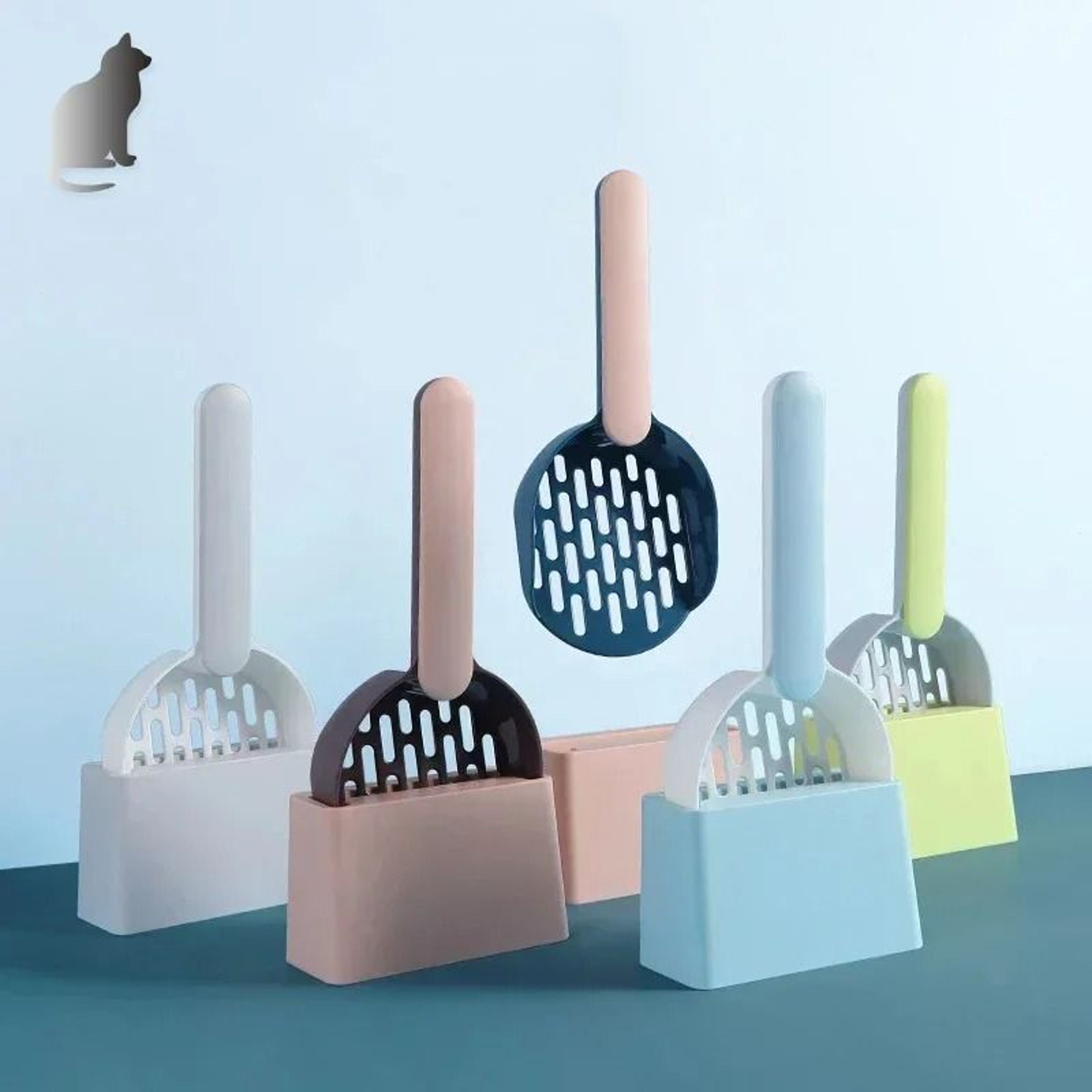 Long Handle Cat Litter Scoop Set With Base Durable ABS Poop Cleaning Tool 0