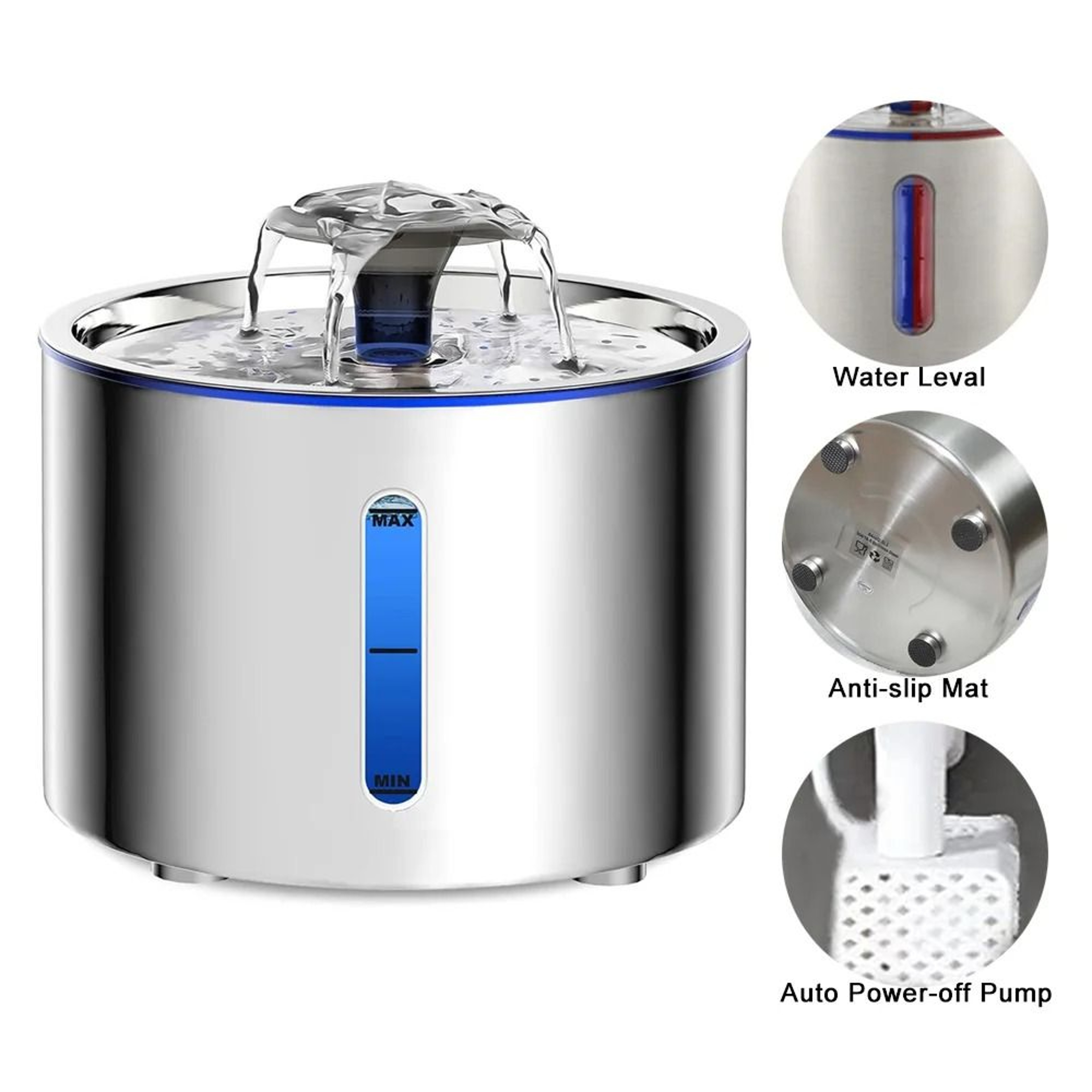 Stainless Steel Cat Water Fountain With LED Auto Power Off Non Slip Mat For Pets 8