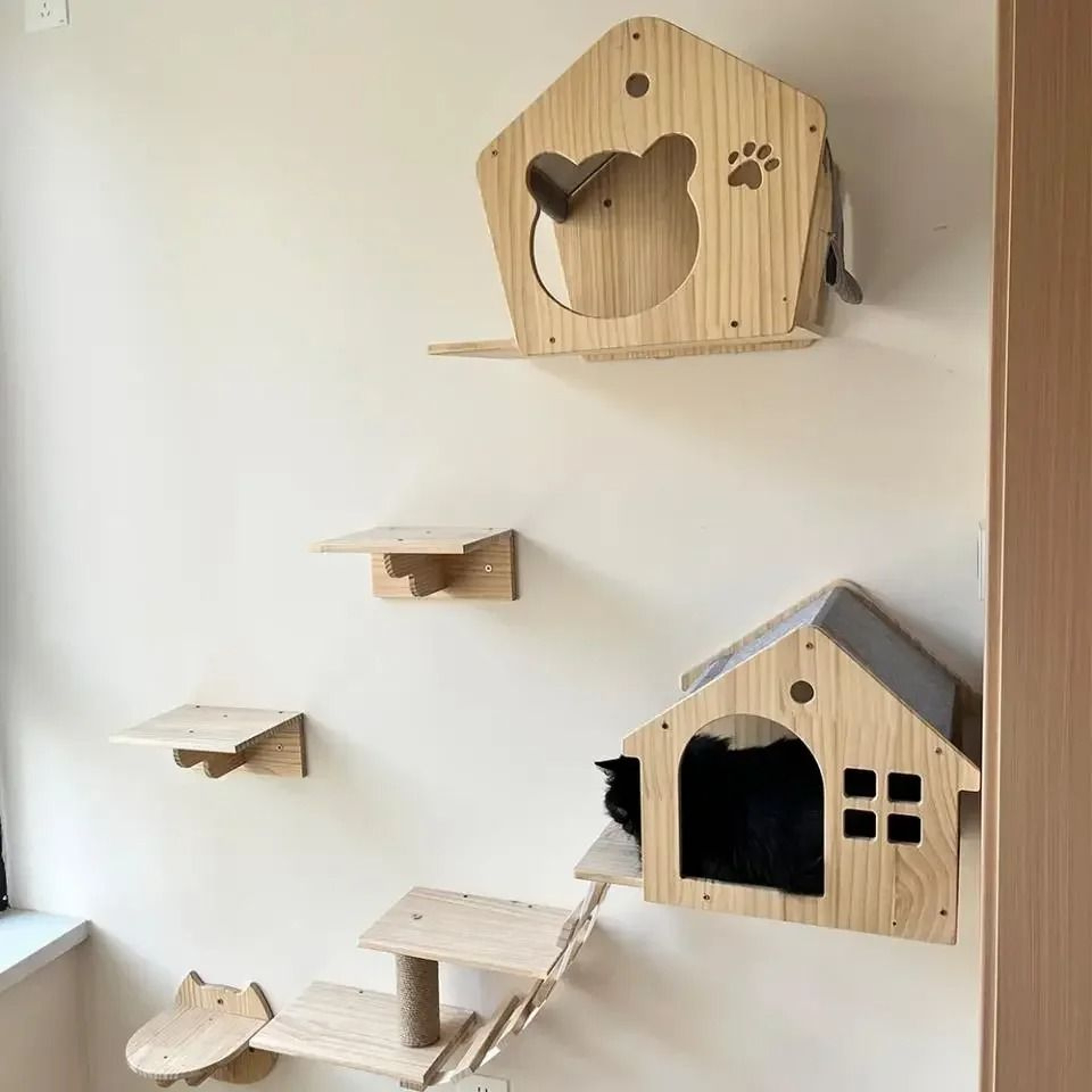 Wall Mounted Cat Climbing Shelves With Sisal Scratching Post And Hammock 13