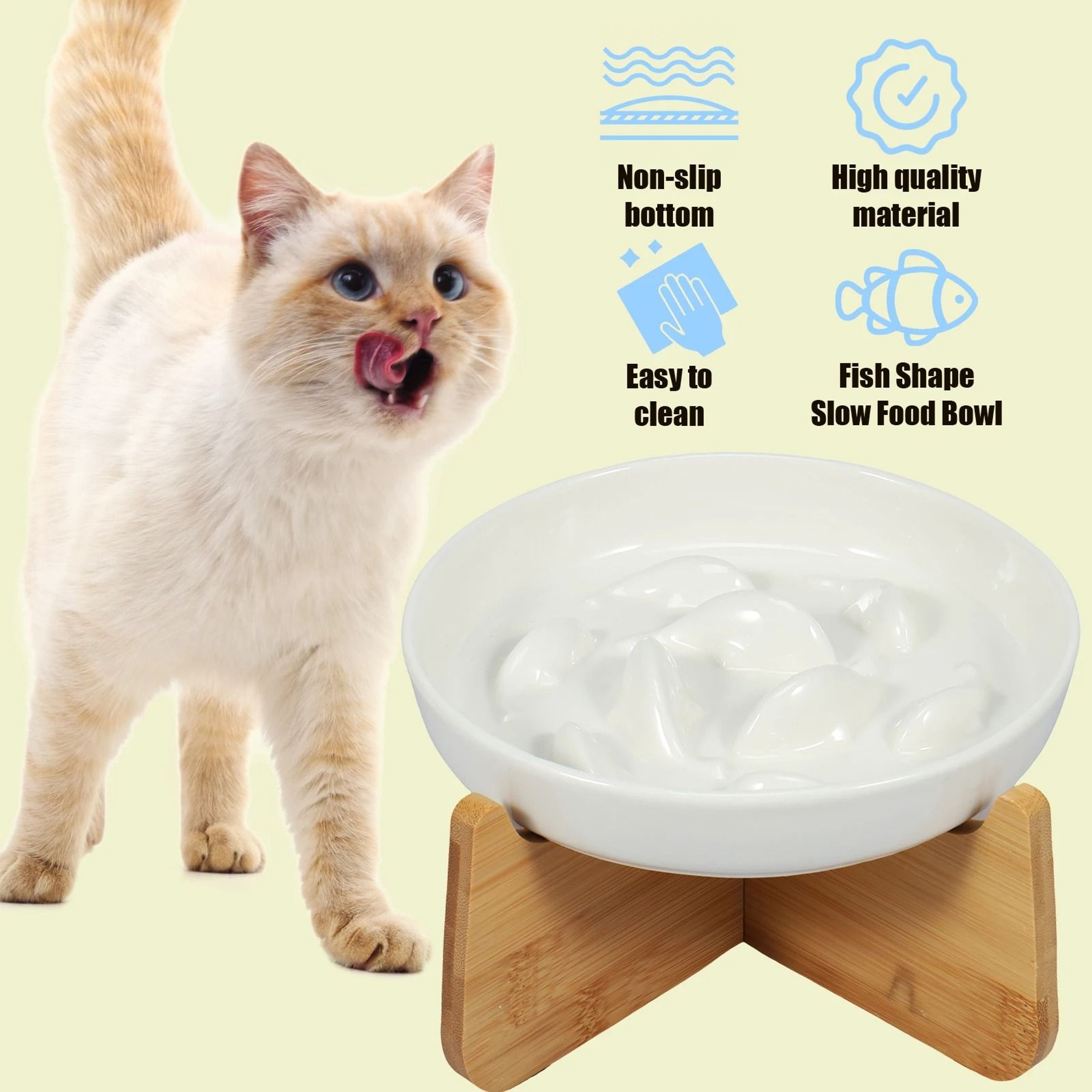 Raised Ceramic Cat Bowl With Wood Stand Slow Feeder For Comfortable Non Slip Feeding 9
