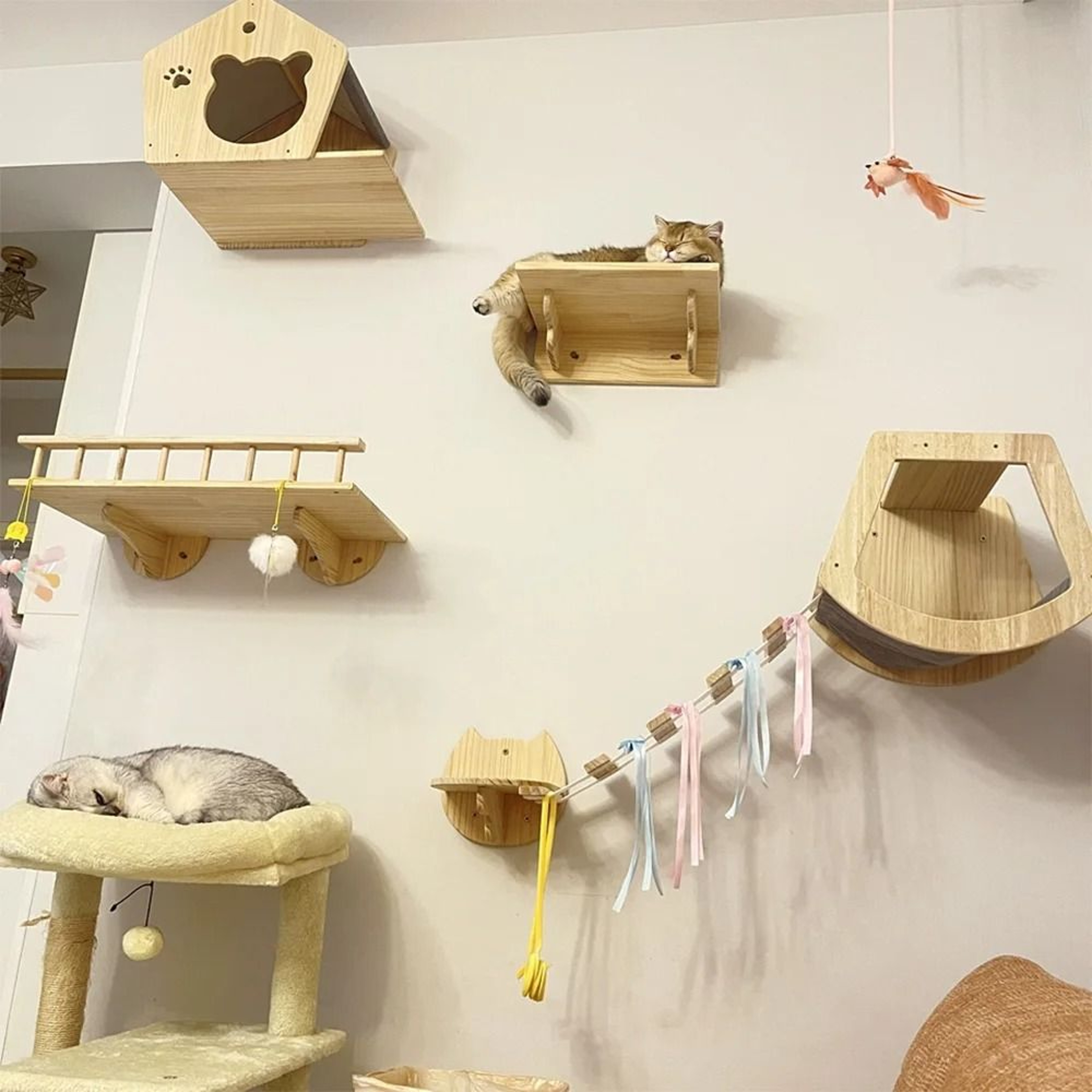 Wall Mounted Cat Climbing Shelves With Hammock Steps And Wooden Jumping Platforms 13