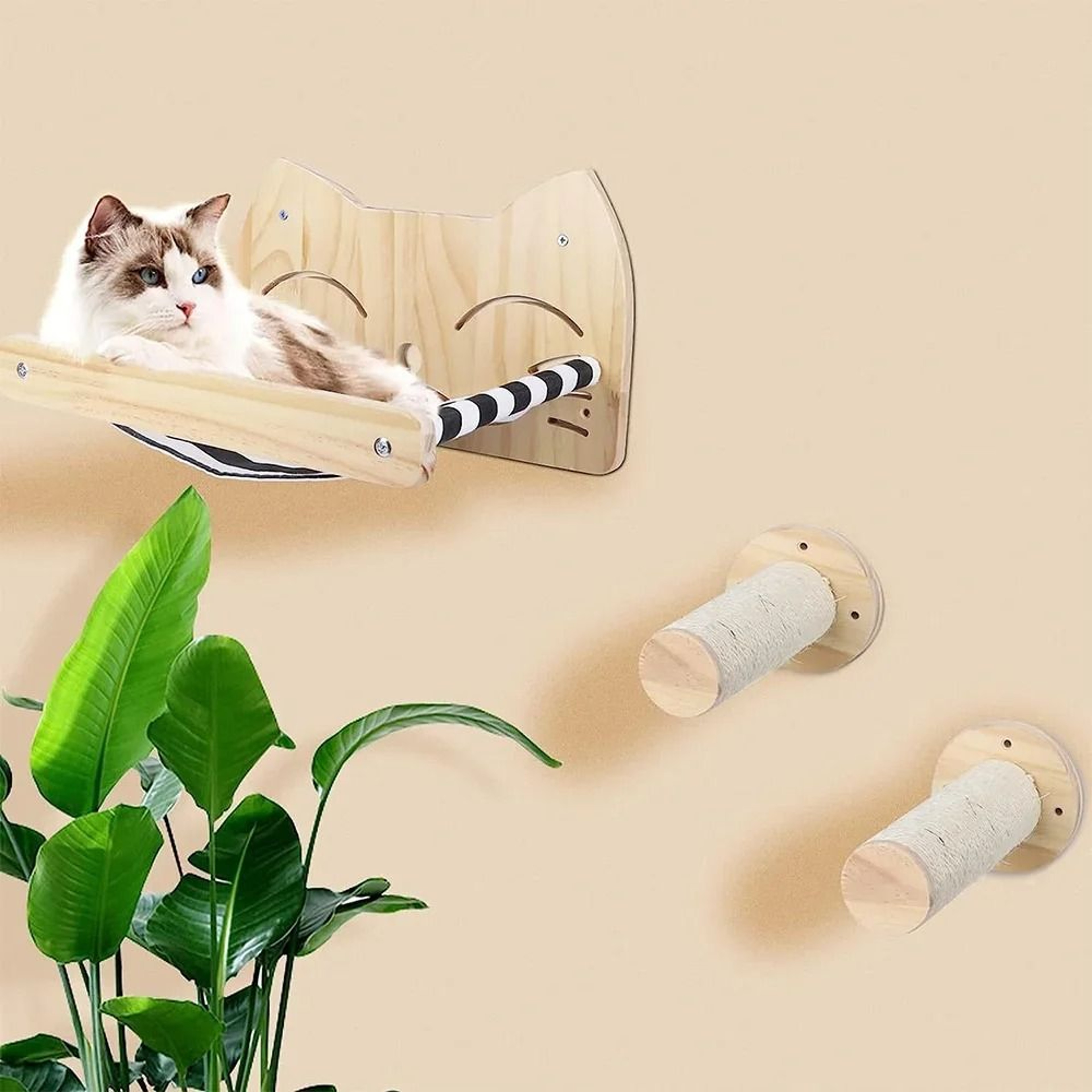 Wall Mounted Cat Climbing Shelves With Hammock Steps And Wooden Jumping Platforms 15