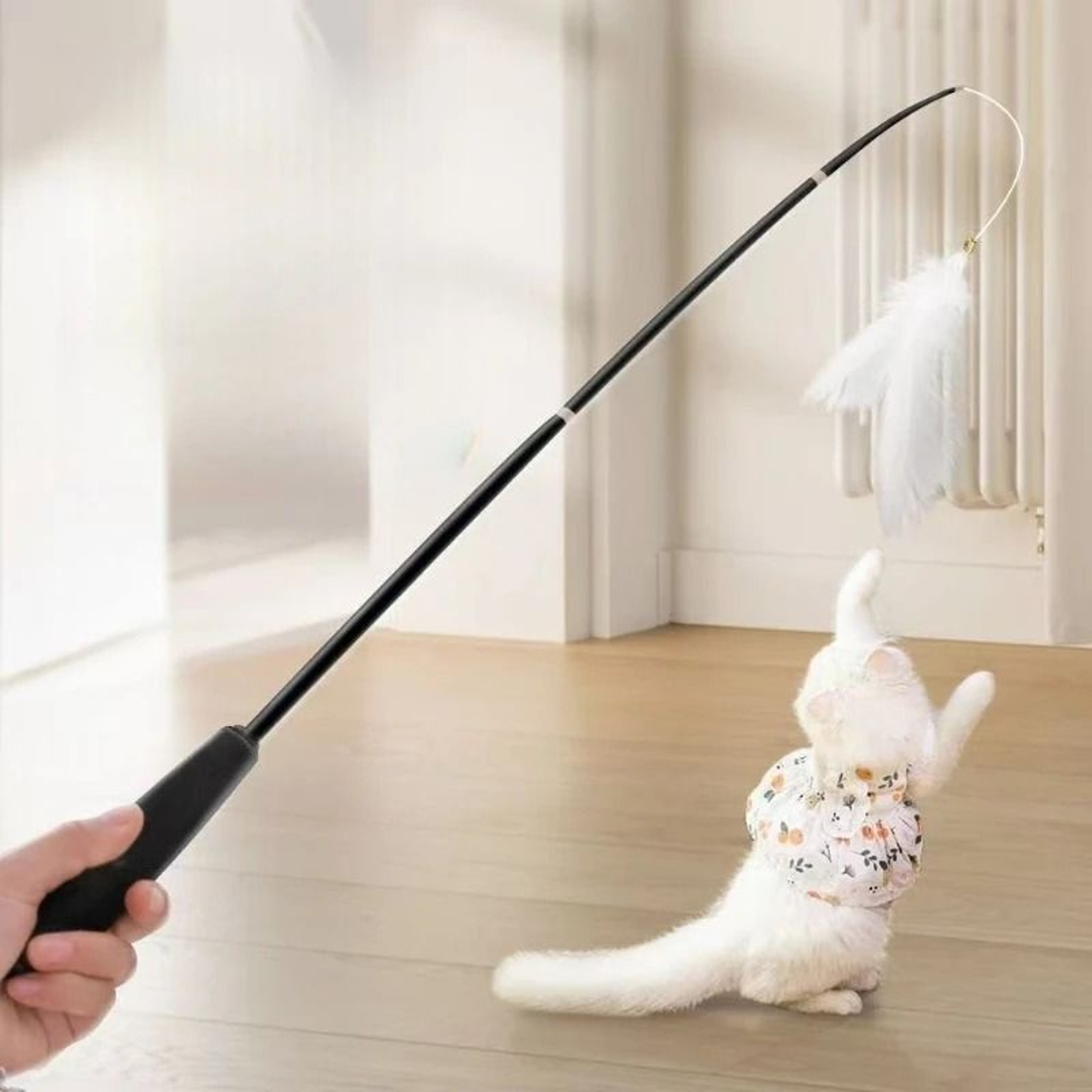 Extendable Cat Teaser Rod Retractable Feather Wand With Bells For Active Indoor Play 0