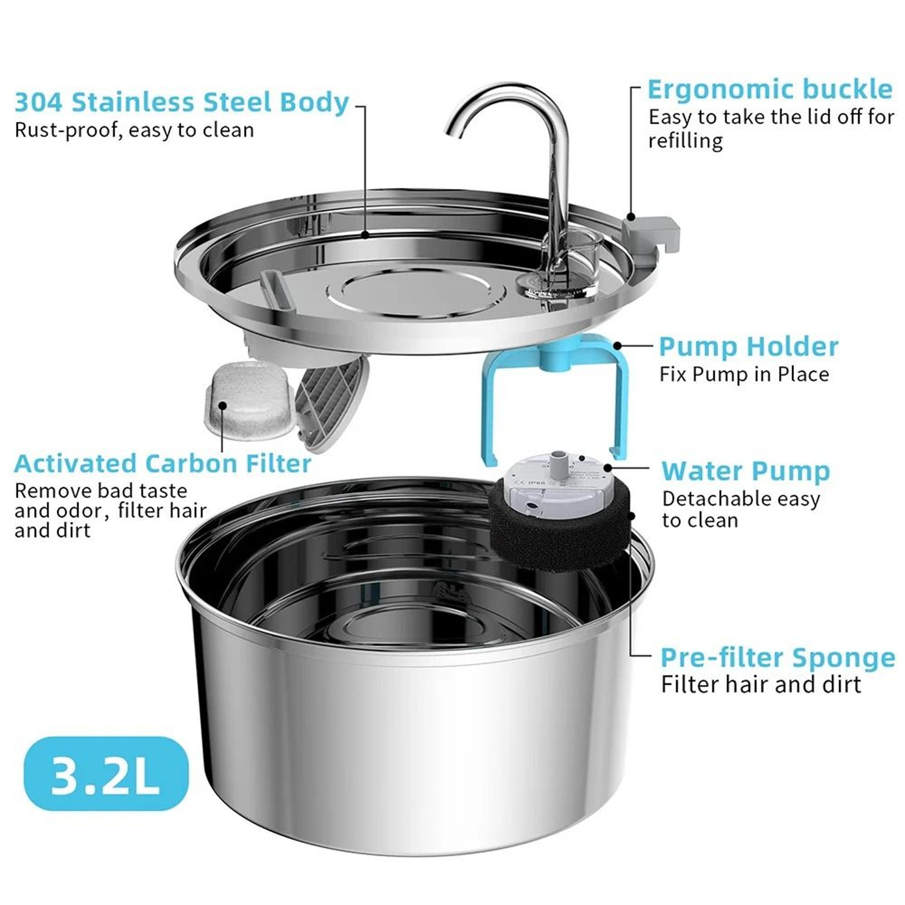 Stainless Steel Cat Water Fountain USB Quiet Automatic Pet Drinking Bowl For Cats And Dogs 6