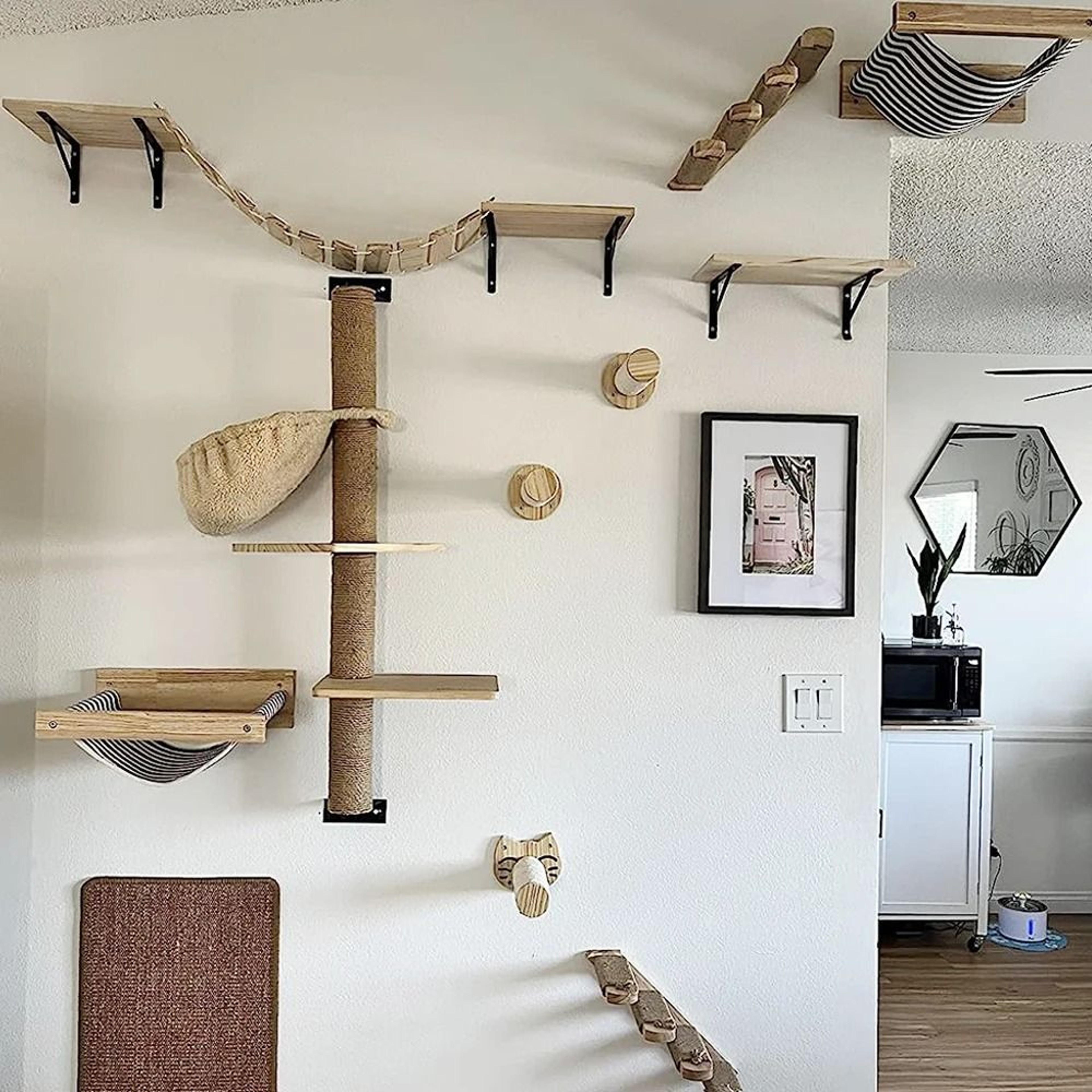 Wall Mounted Cat Climbing Shelf With Scratching Post Steps Bed And Hiding House 18