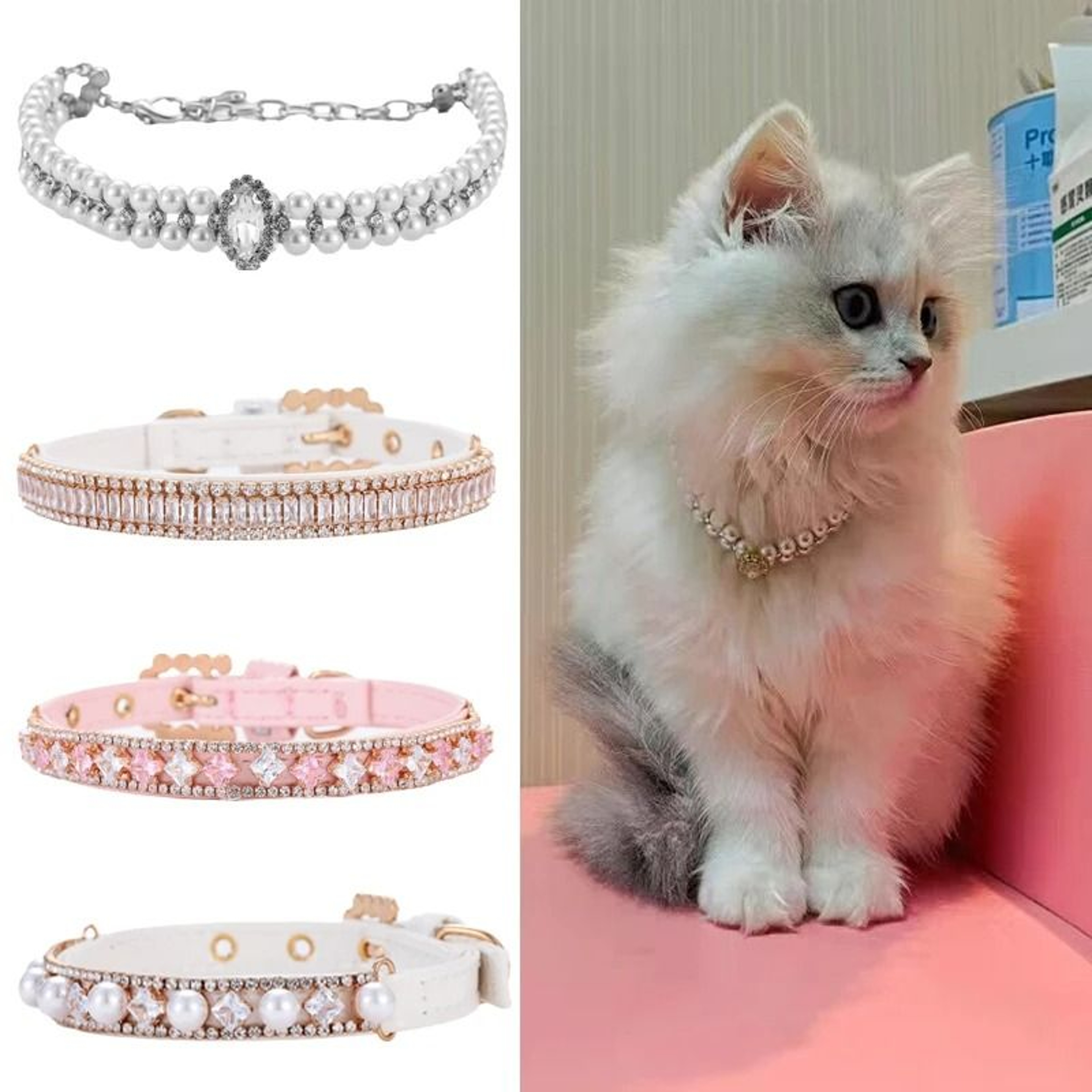 Adjustable Pearl Cat Collar With Rhinestone Pet Necklace Charm 6