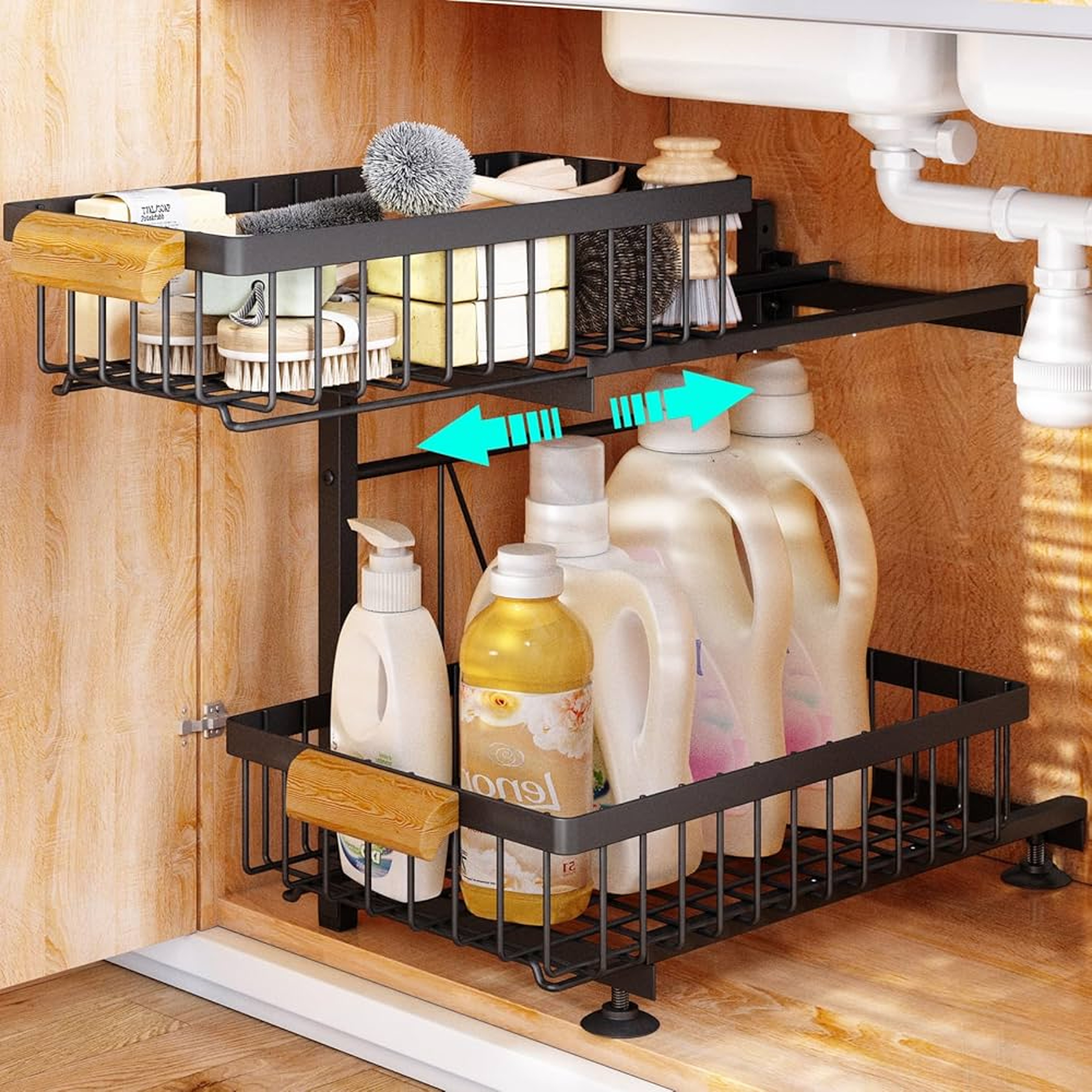 Double Layer Pull Out Under Sink Organizer Rack For Kitchen Bathroom Storage 3