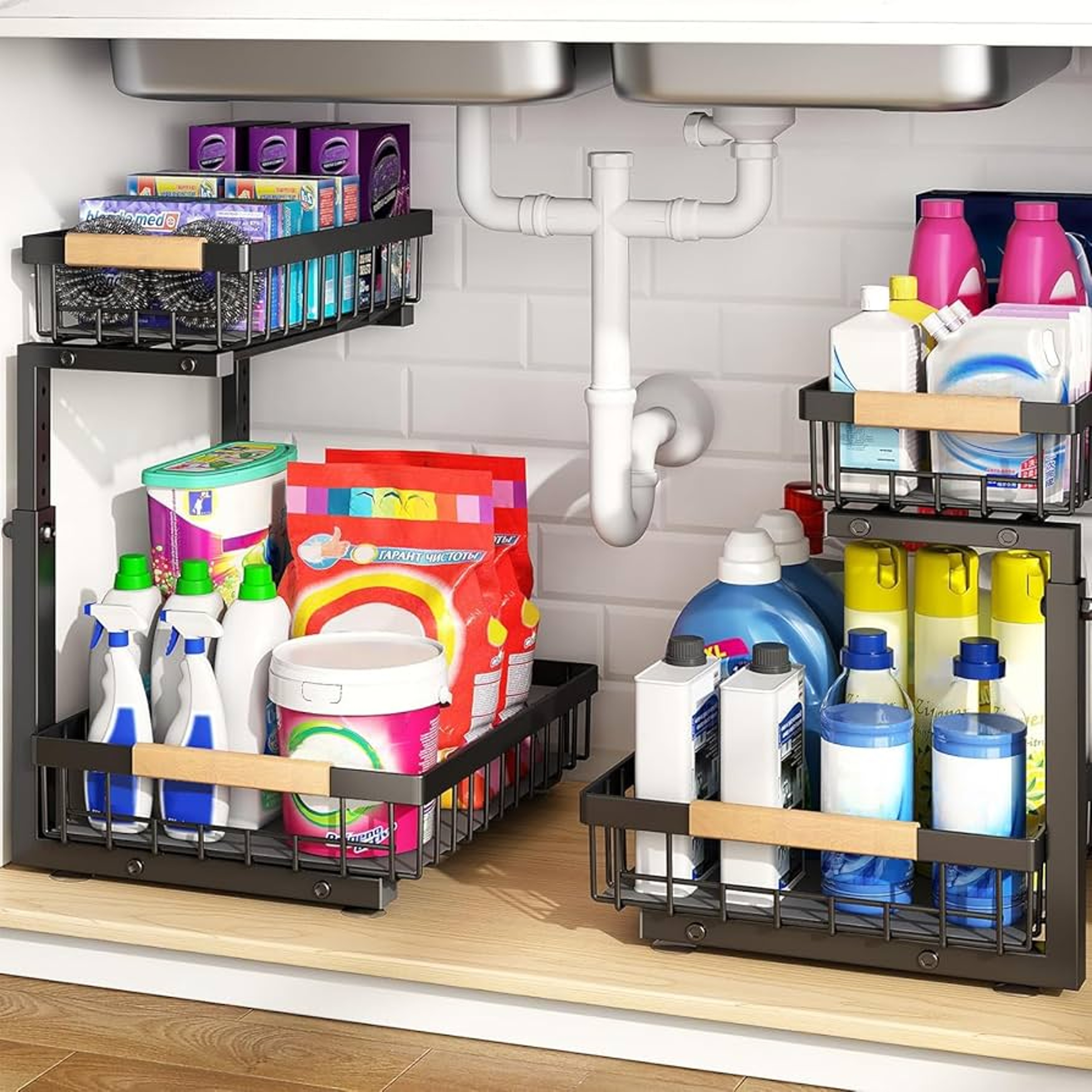 Double Layer Pull Out Under Sink Organizer Rack For Kitchen Bathroom Storage 6