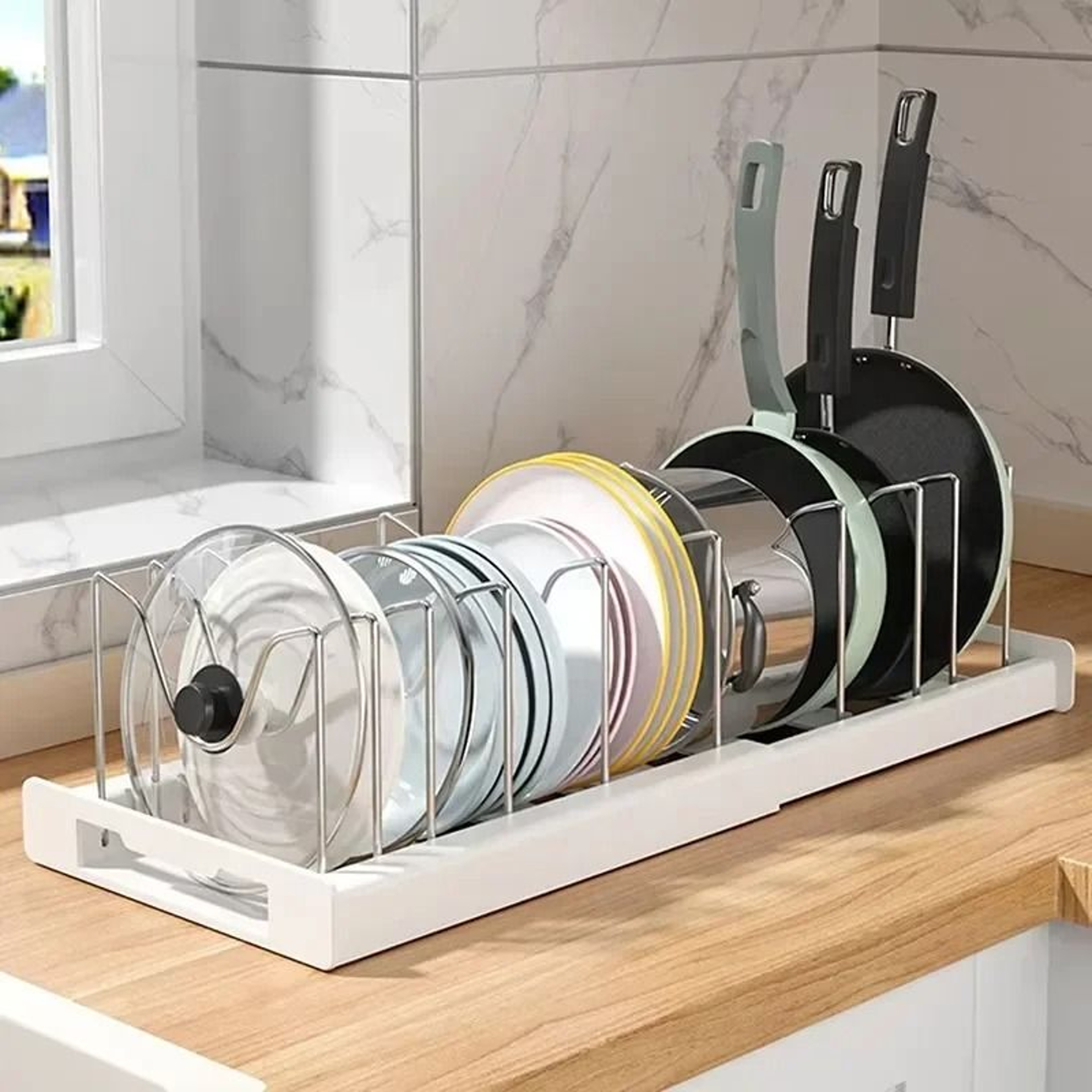 Expandable Pan Organizer Rack With Adjustable Compartments For Pots Lids And Kitchen Storage 7