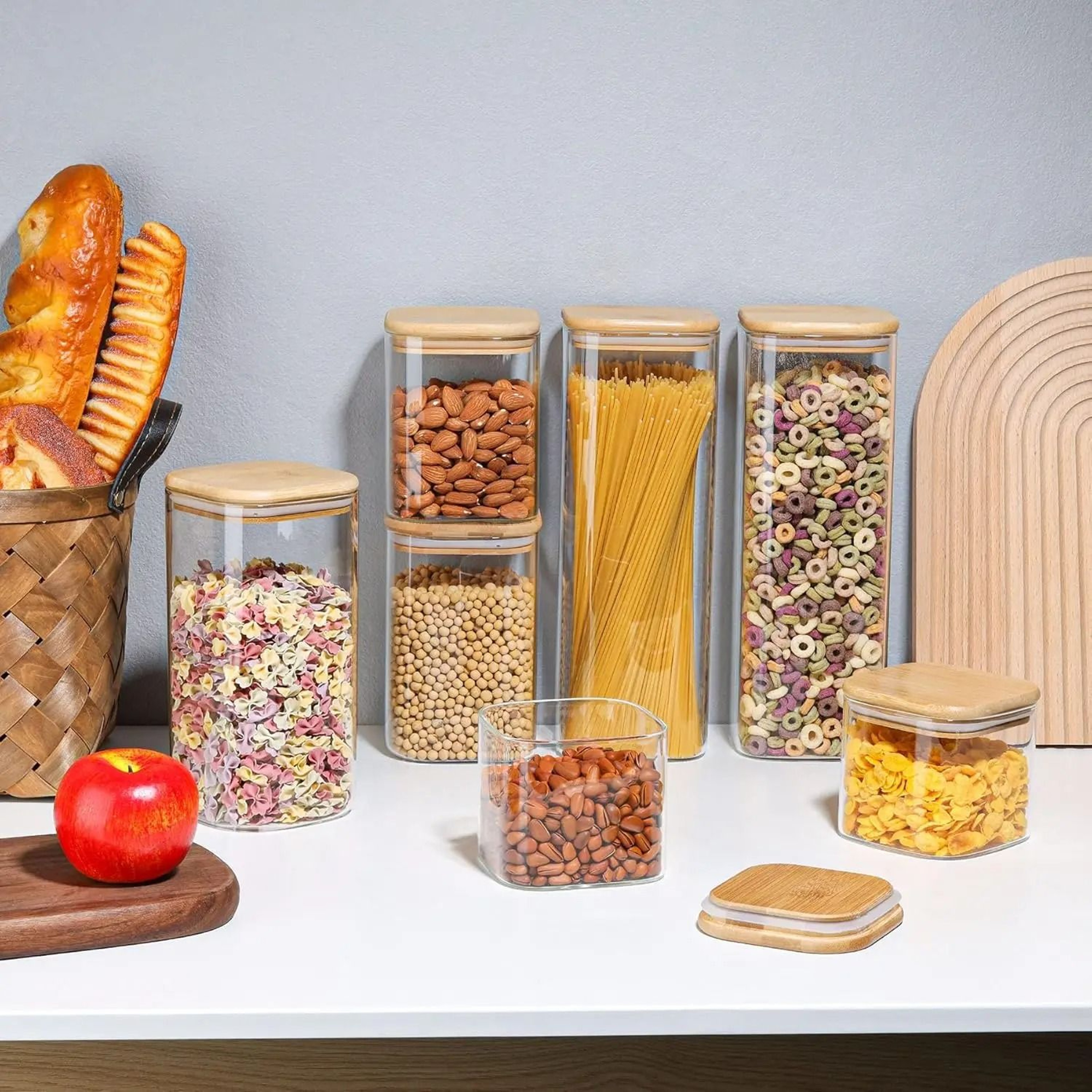 Square Glass Storage Jars With Bamboo Lids For Pantry Organization 0