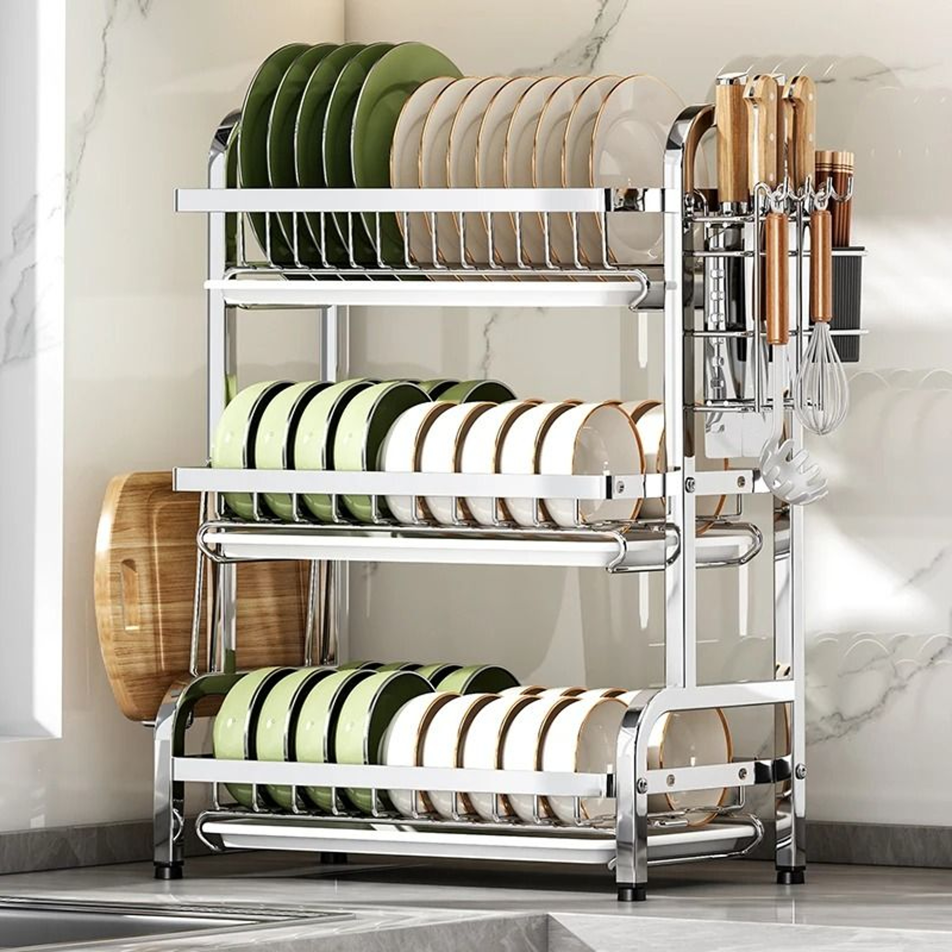 Stainless Steel Compact Dish Drying Rack With Utensil Holder For Kitchen Counter 0