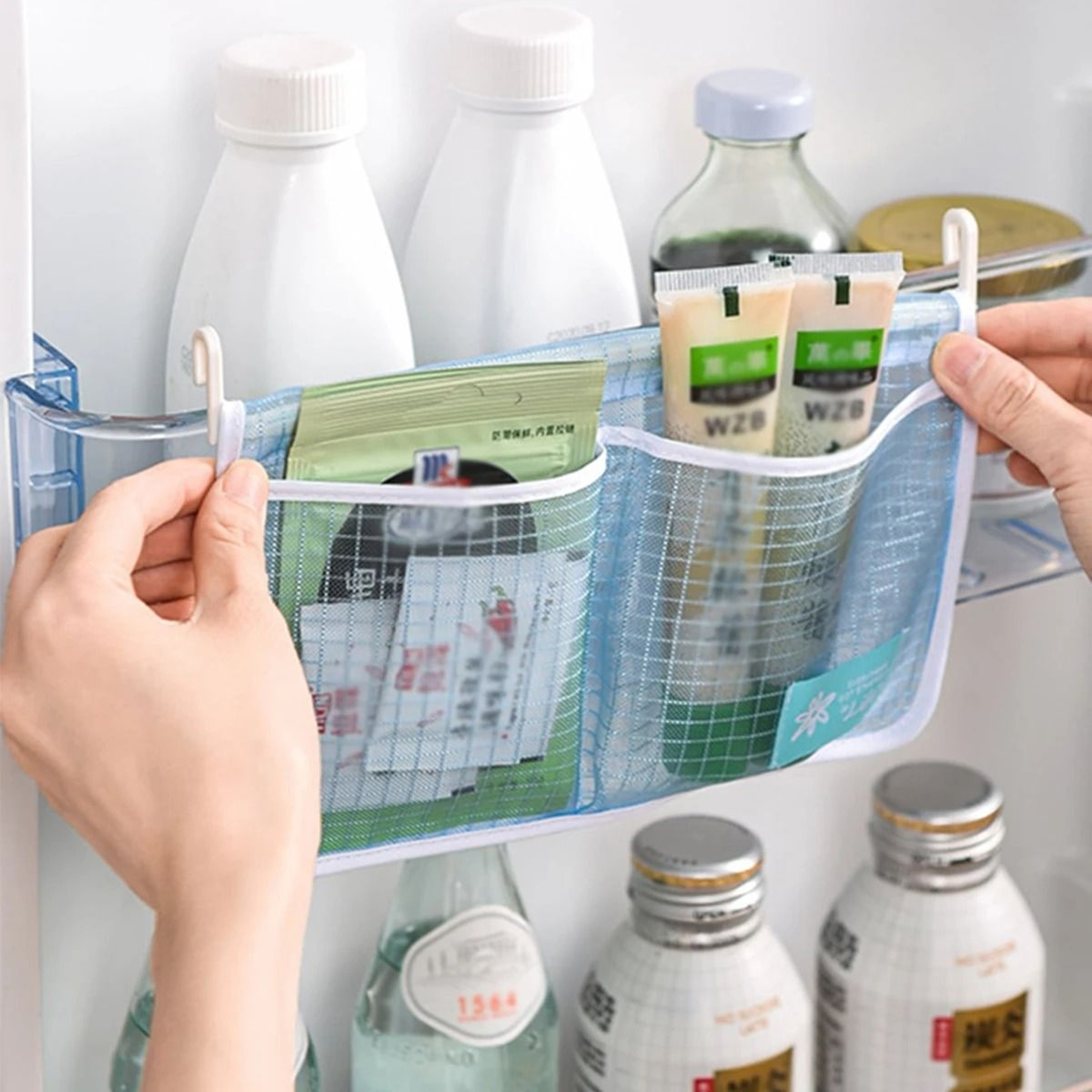 Double Compartment Hanging Mesh Storage Bag For Refrigerator Kitchen Organization 4