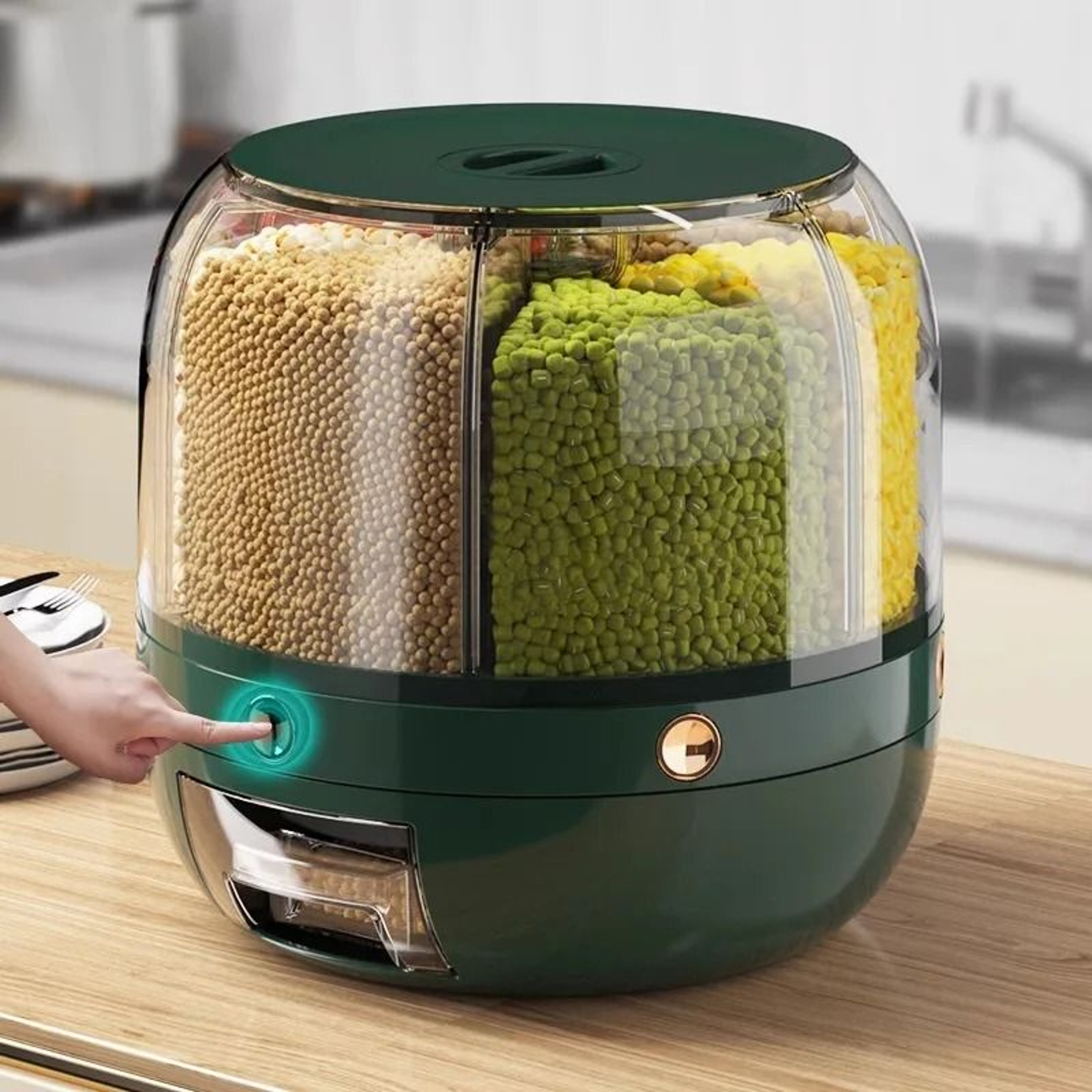 Rotating Rice Storage Bucket With Multi Grid Grain Organizer 5