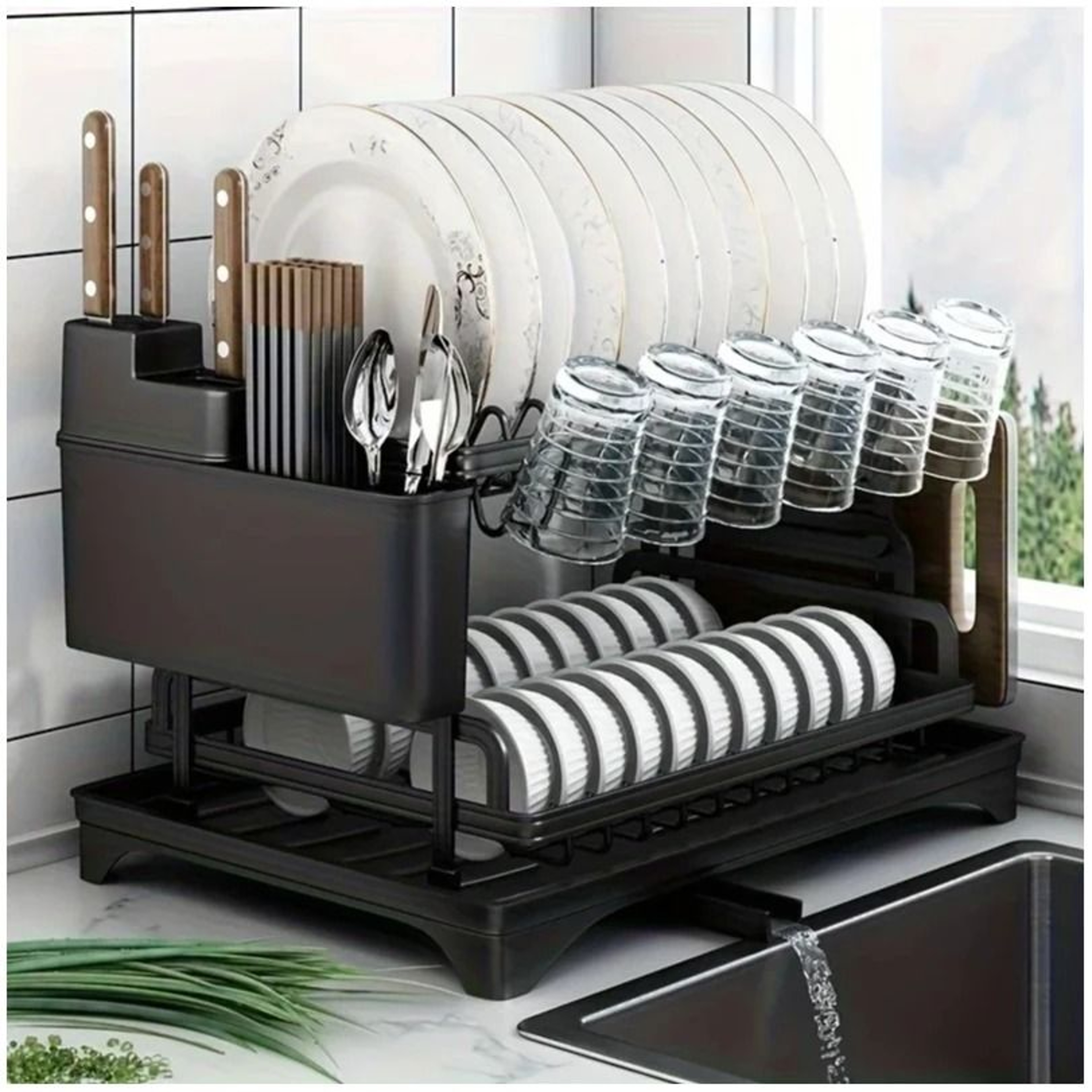 2 Tier Dish Drying Rack With Bowl Drainer And Cutlery Holder 0