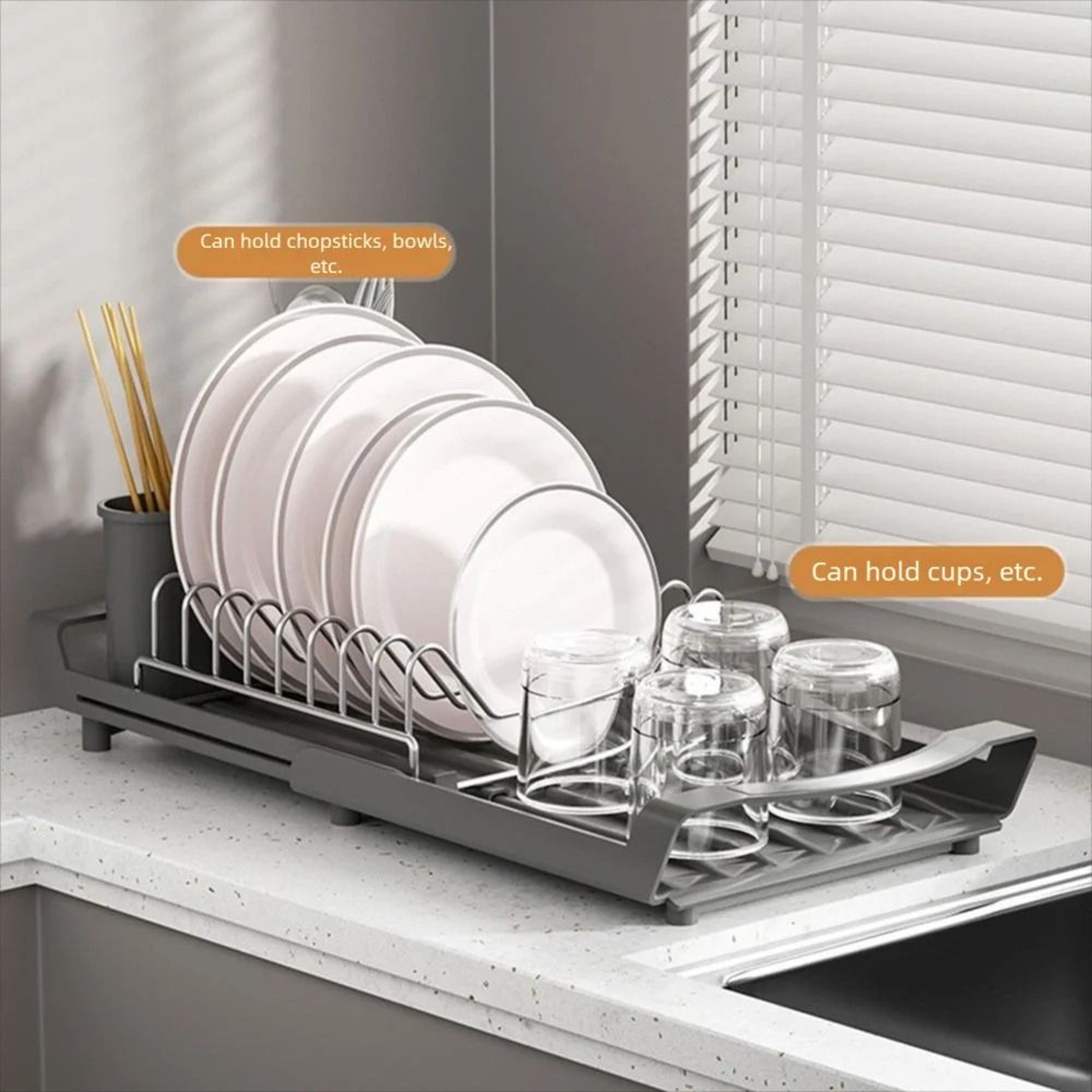 Extendable Dish Drying Rack With Utensil Holder 8