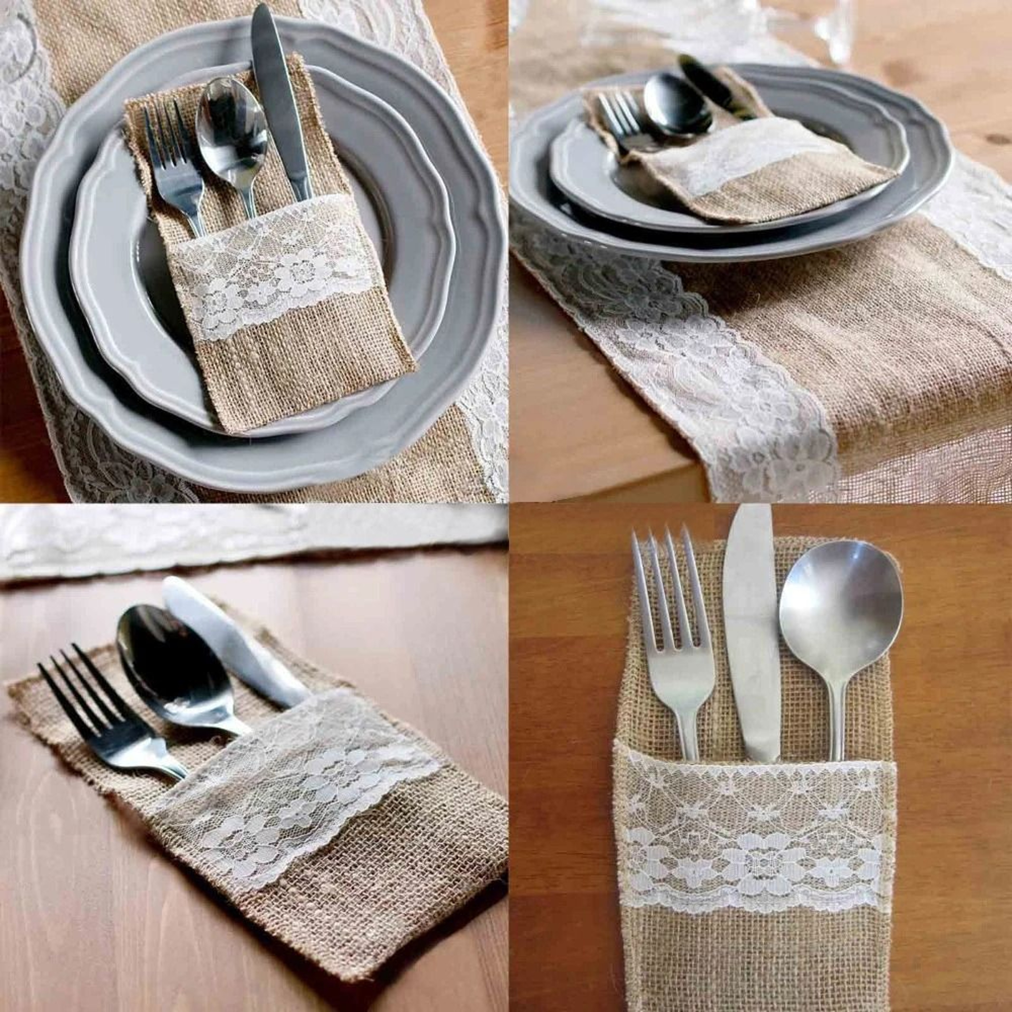 50 Piece Burlap Lace Cutlery Pouch Set For Rustic Table Decor 5