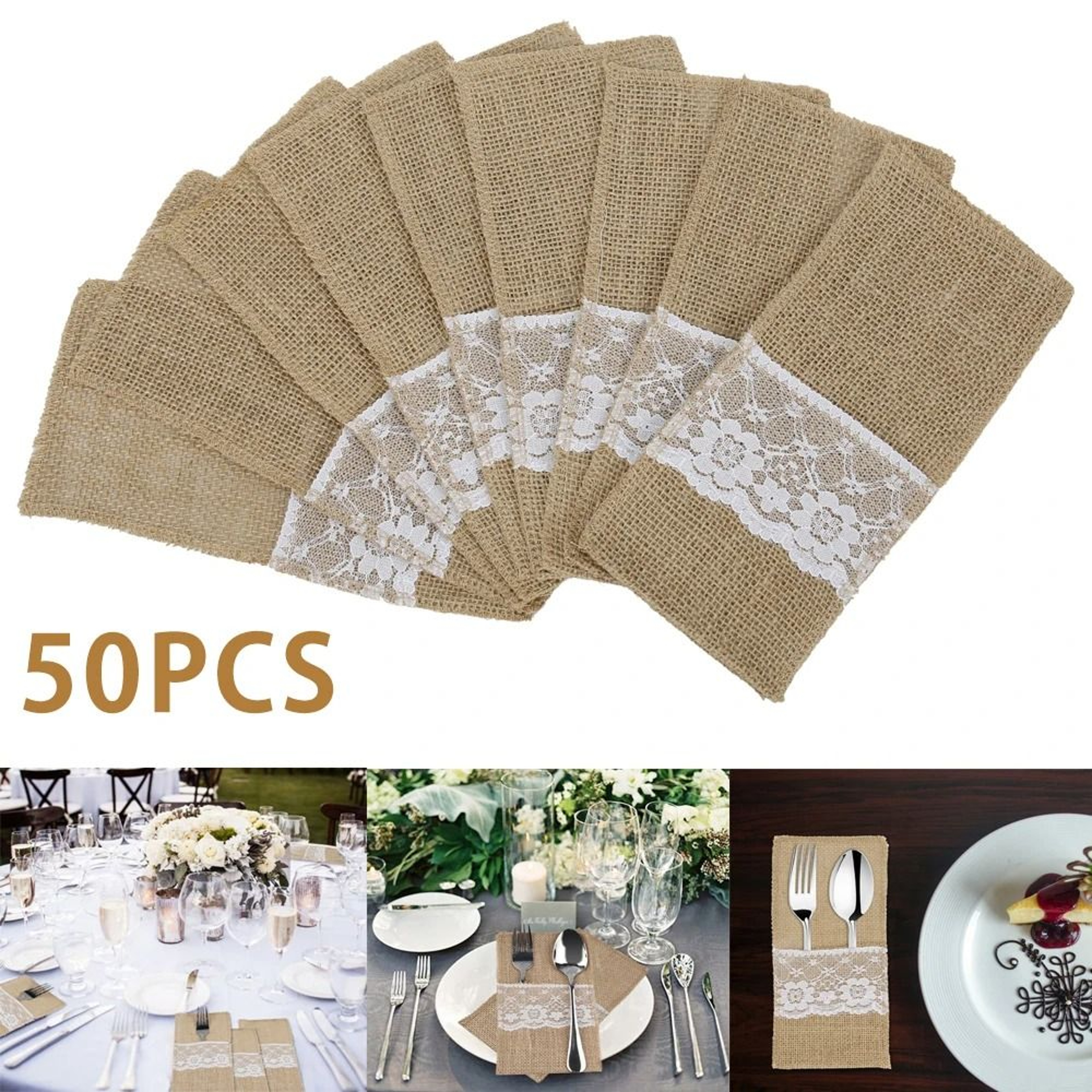 50 Piece Burlap Lace Cutlery Pouch Set For Rustic Table Decor 2