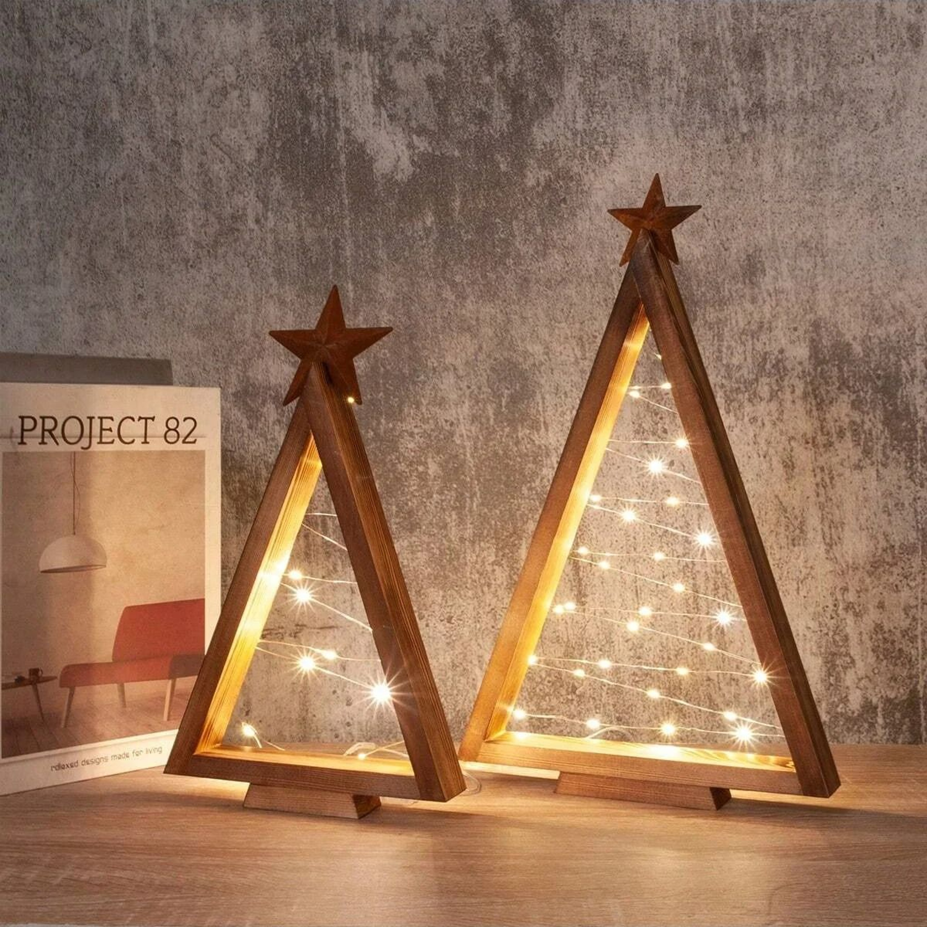 Lighted Wood Christmas Tree Set For Farmhouse Table Decor 2