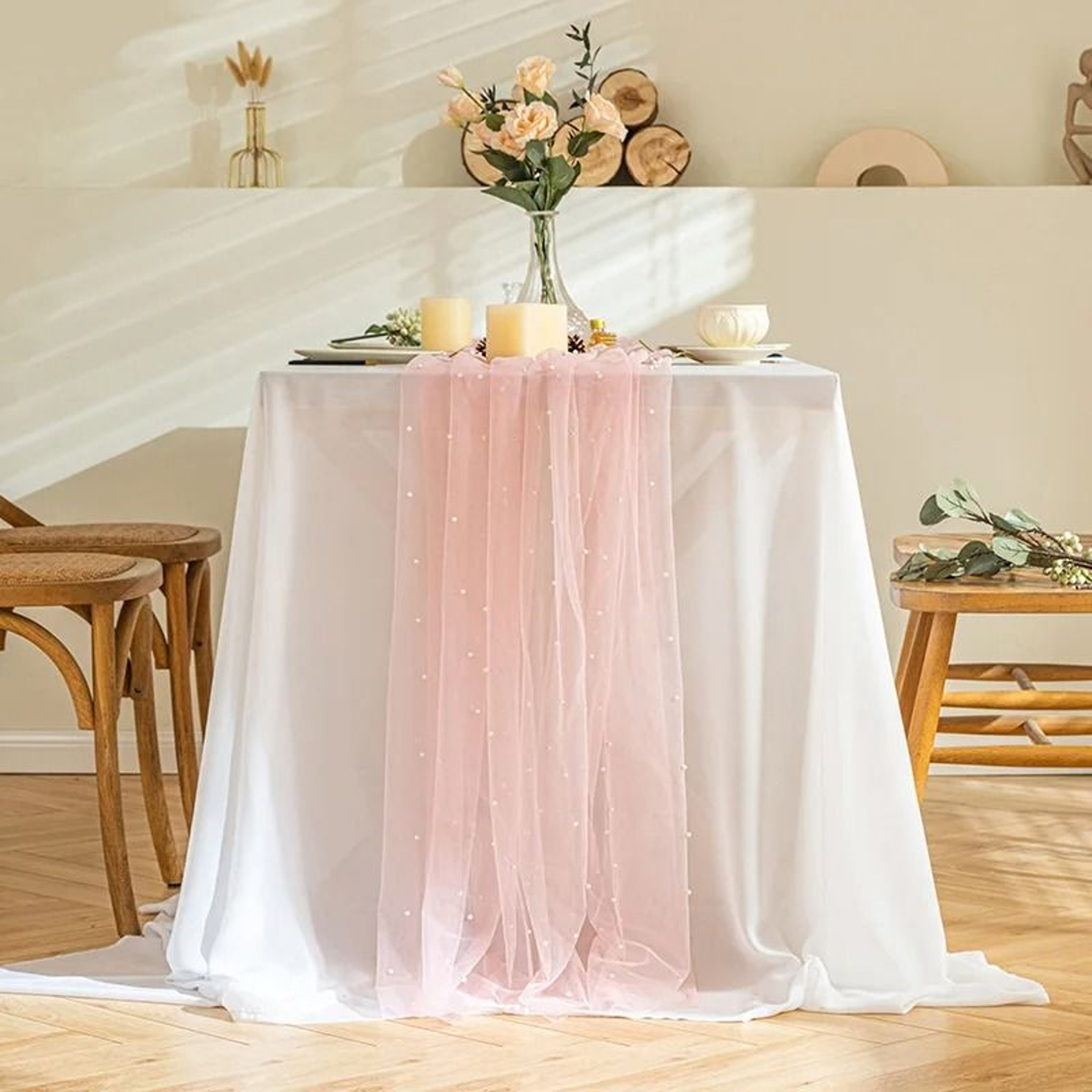 Pink Gauze Pearl Table Runner For Wedding Decor 3