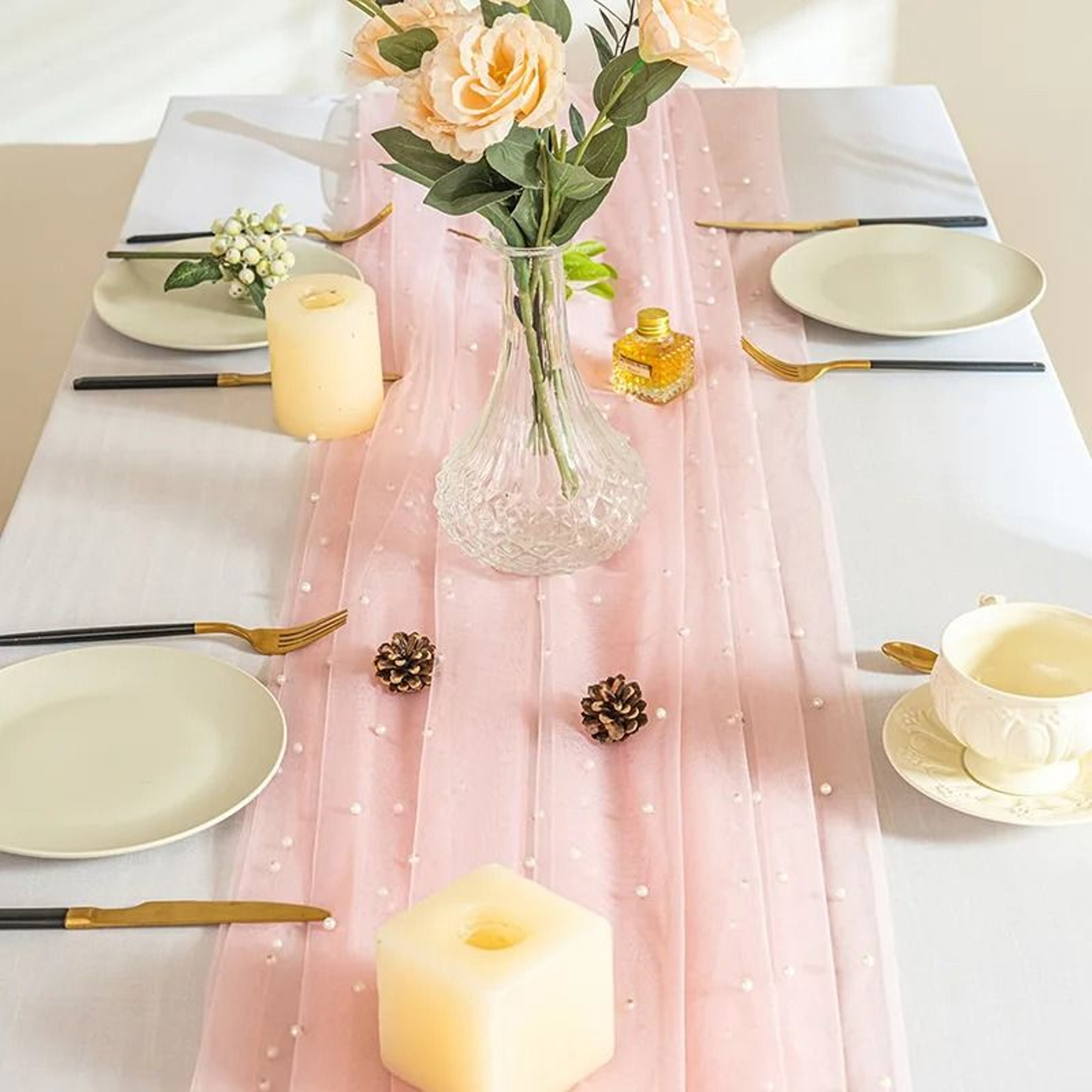 Pink Gauze Pearl Table Runner For Wedding Decor 6