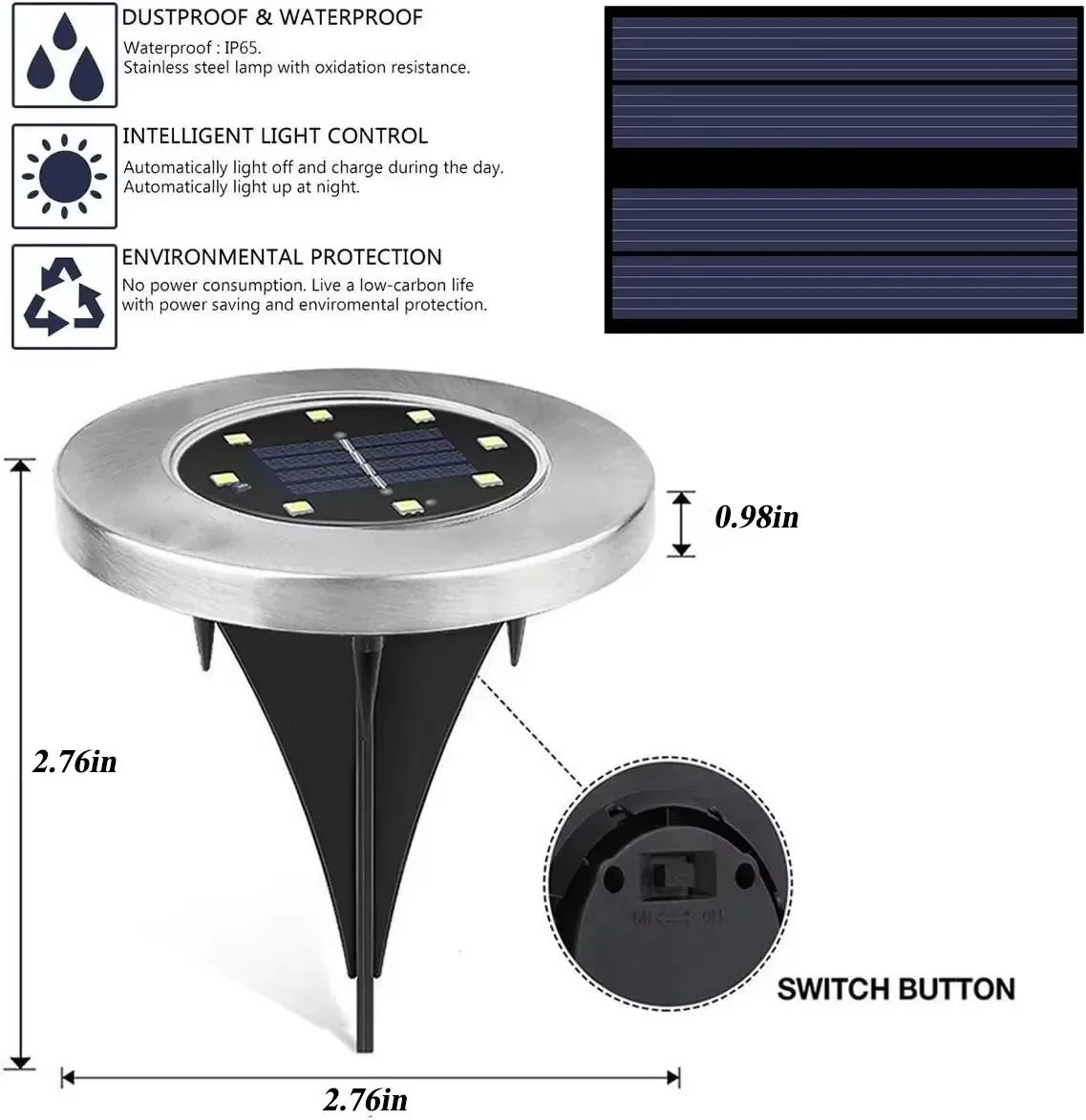 Solar Disk Garden Lights 8LED Waterproof Ground Deck Pathway Lamps Set Of Four 4