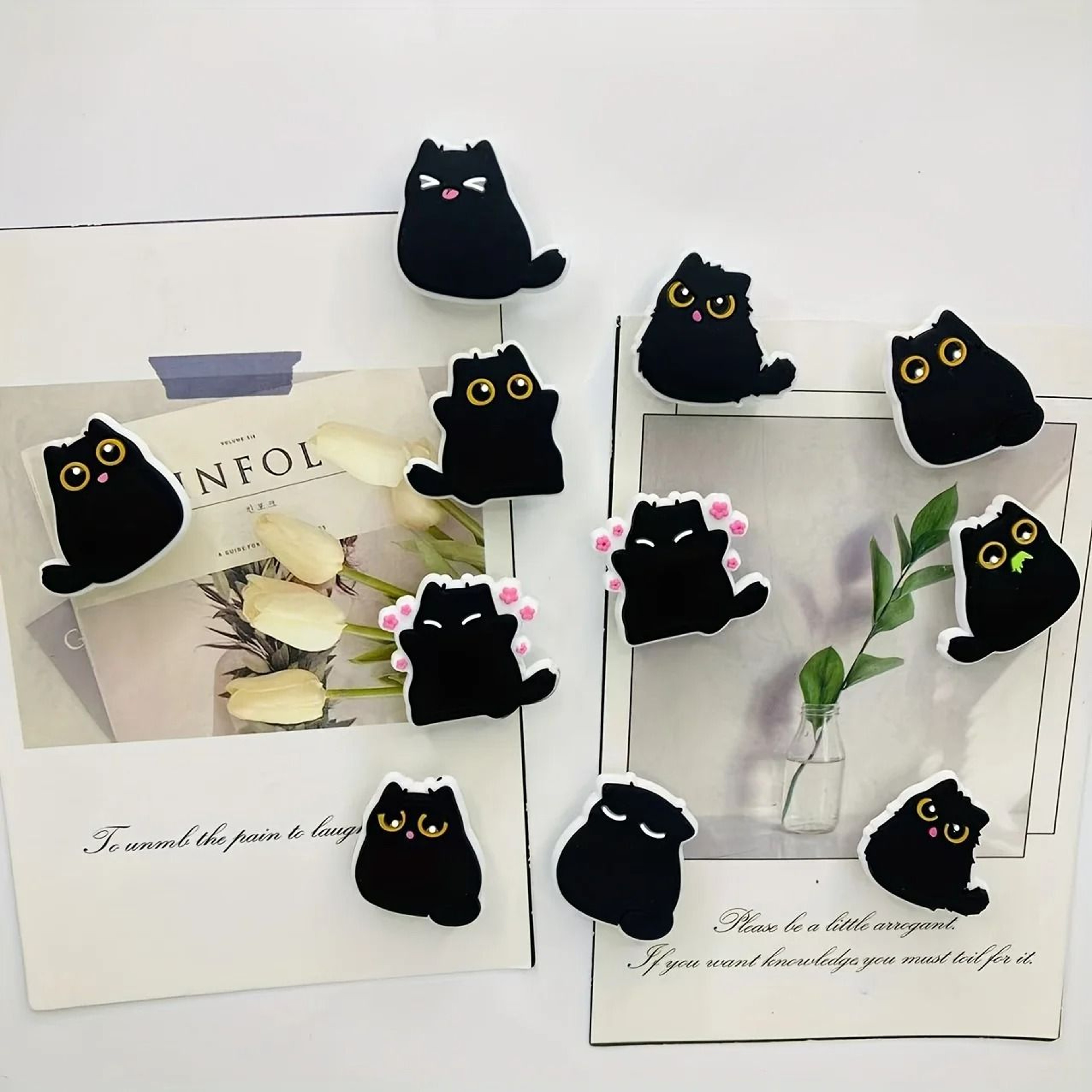 Chubby Black Cat Fridge Magnets Set 4