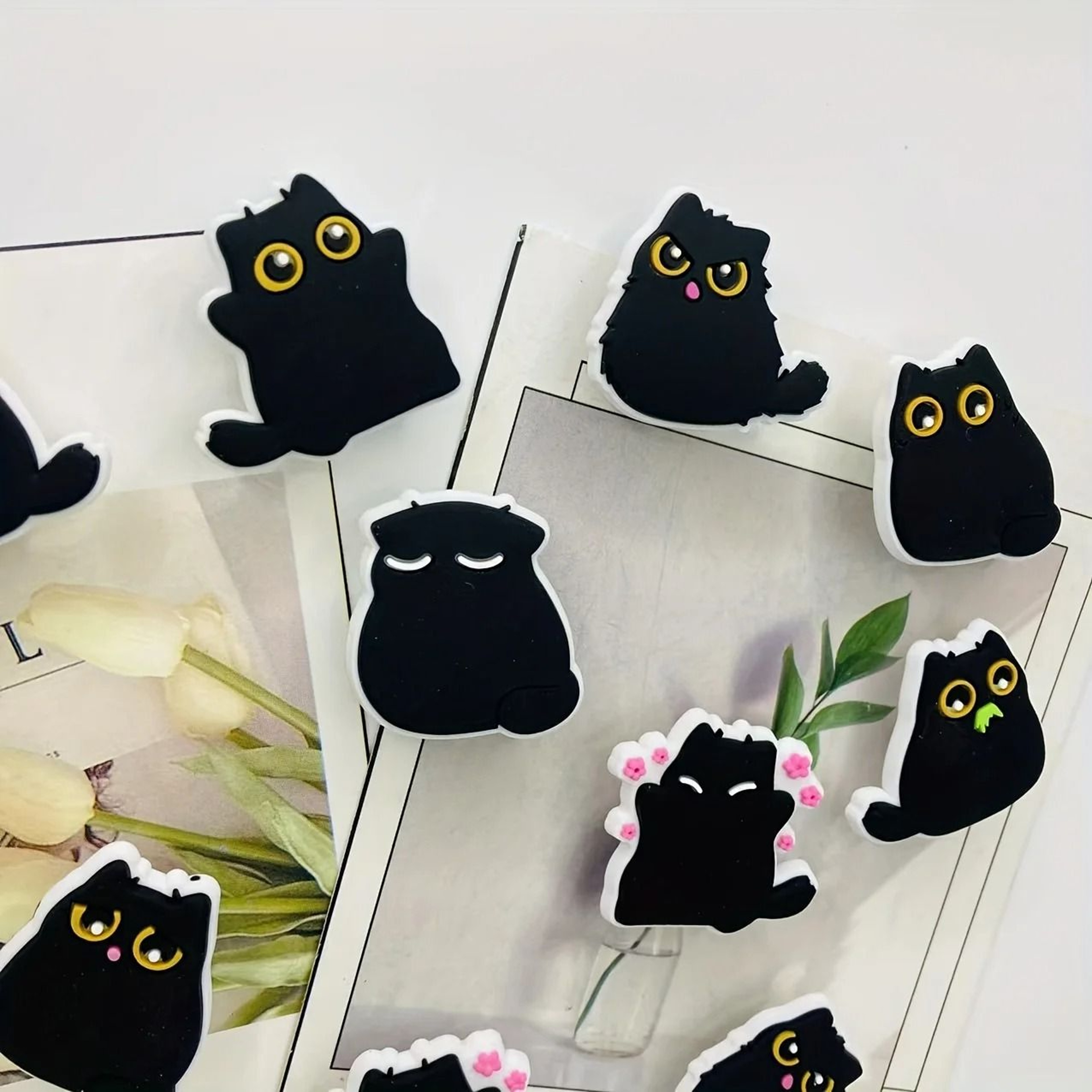 Chubby Black Cat Fridge Magnets Set 6