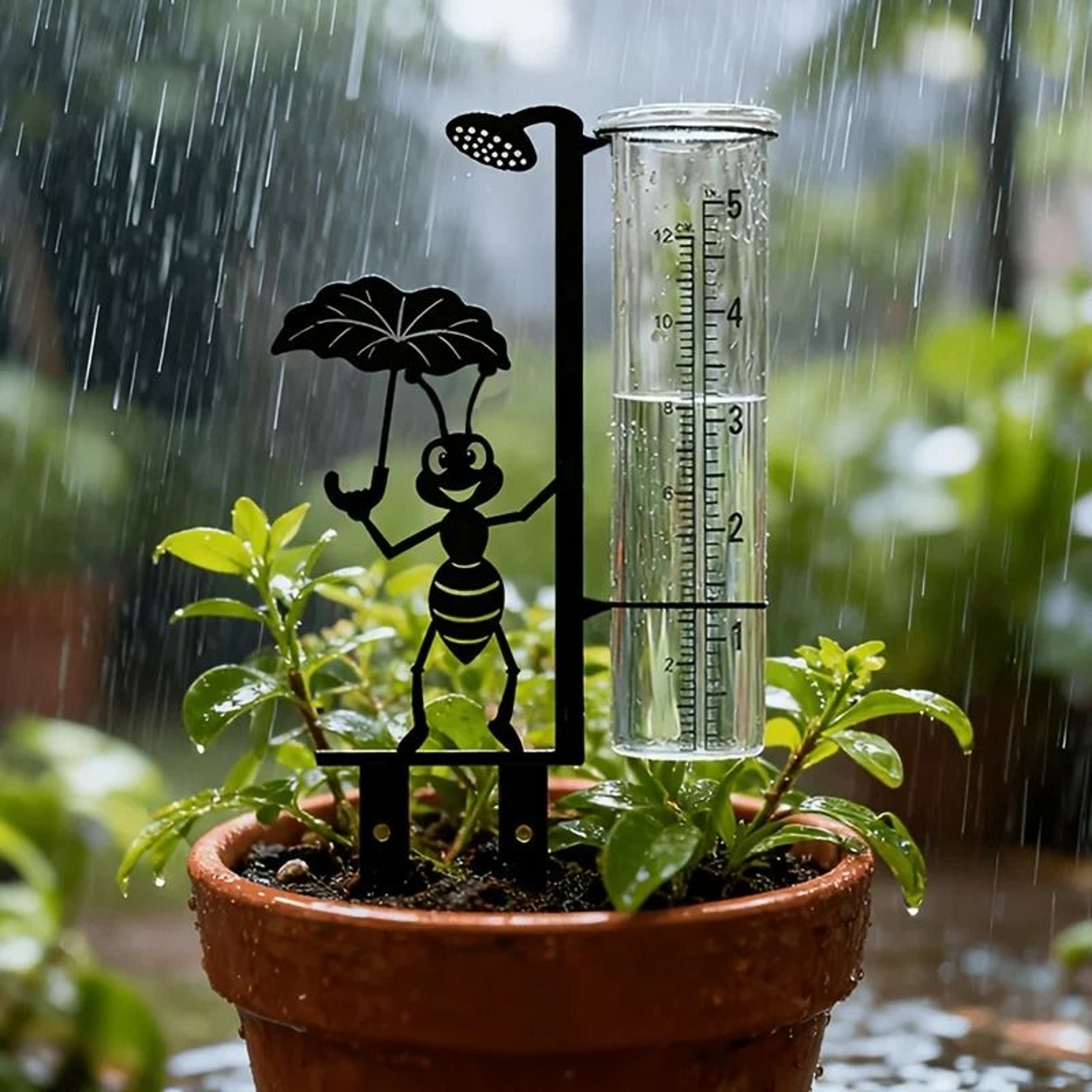 Decorative Metal Ant Rain Gauge With Clear Glass Measuring Cup For Gardens 0