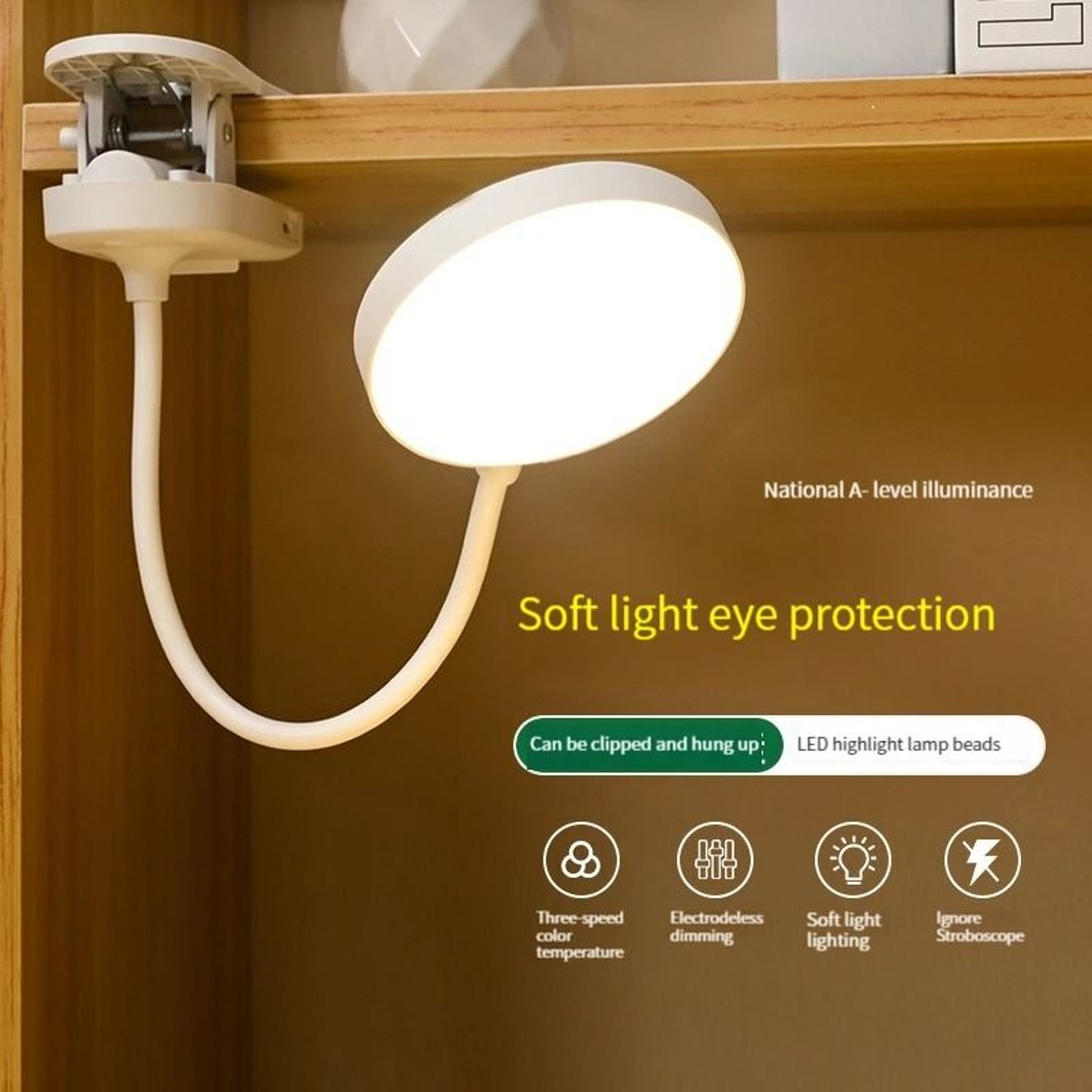 Rechargeable Clip On Desk Lamp With Dimmable Three Color Lighting Control 7